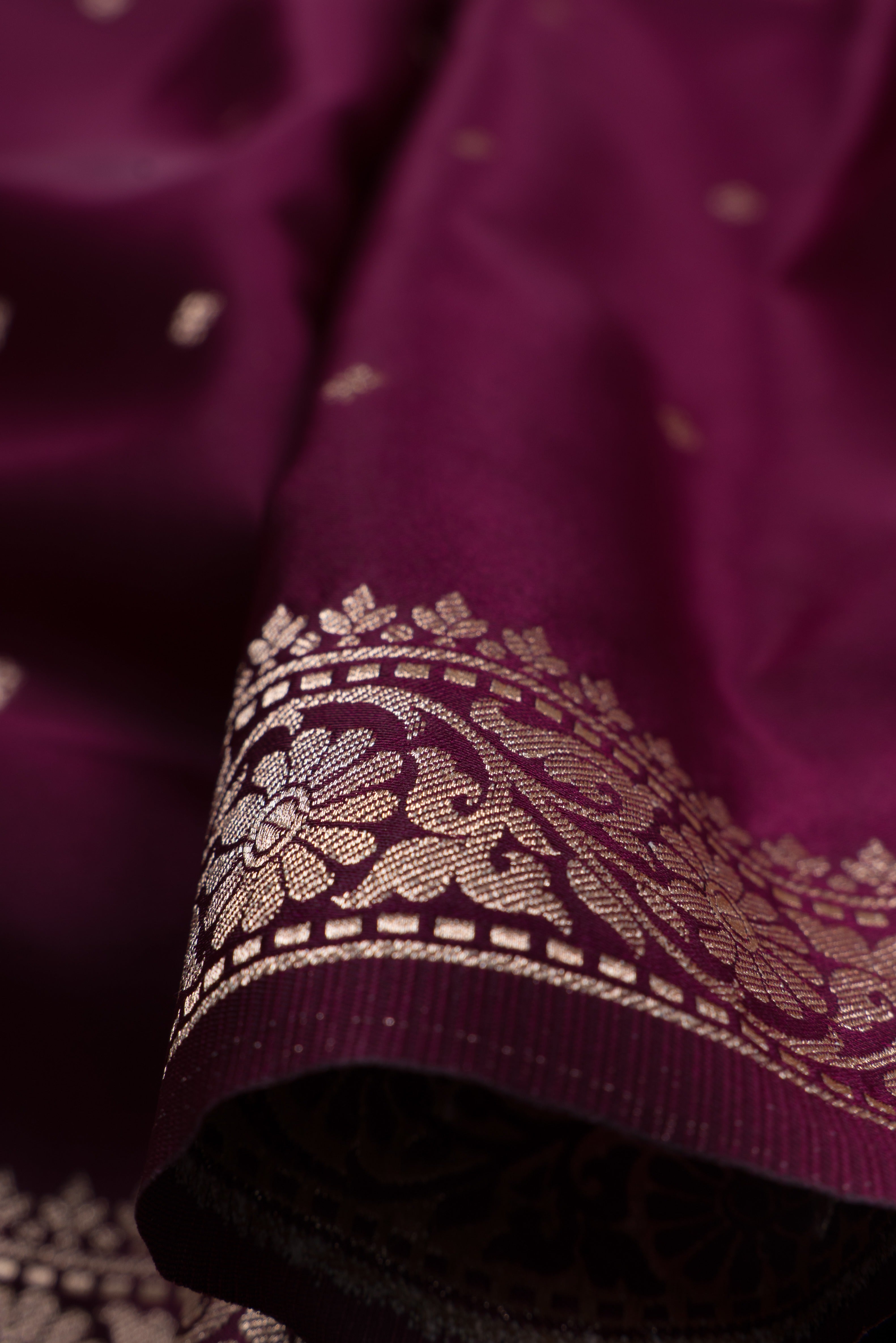 Wine Soft Silk Banarasi Saree with Gold Zari Delicate border