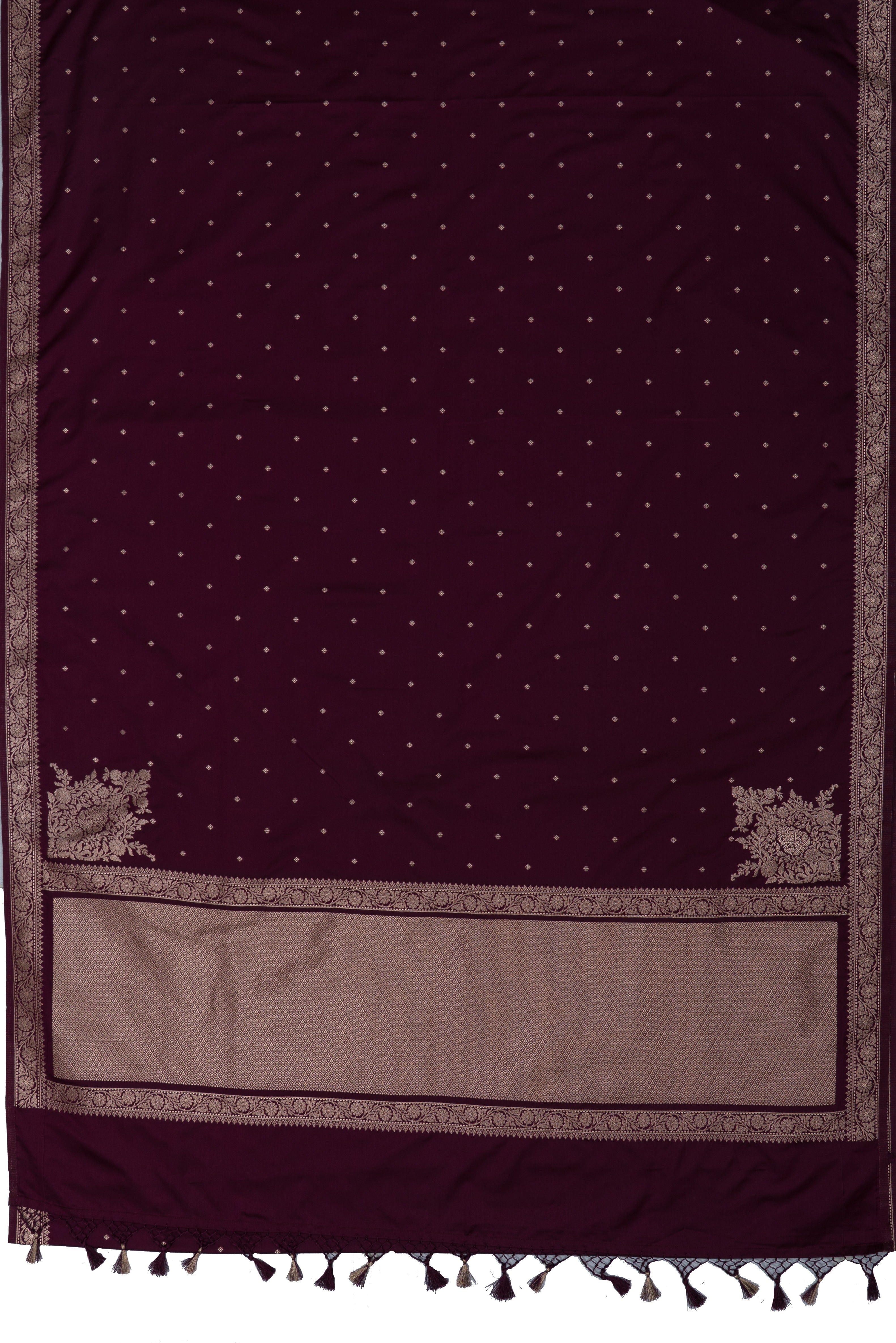 Wine Soft Silk Banarasi Saree with Gold Zari Delicate border