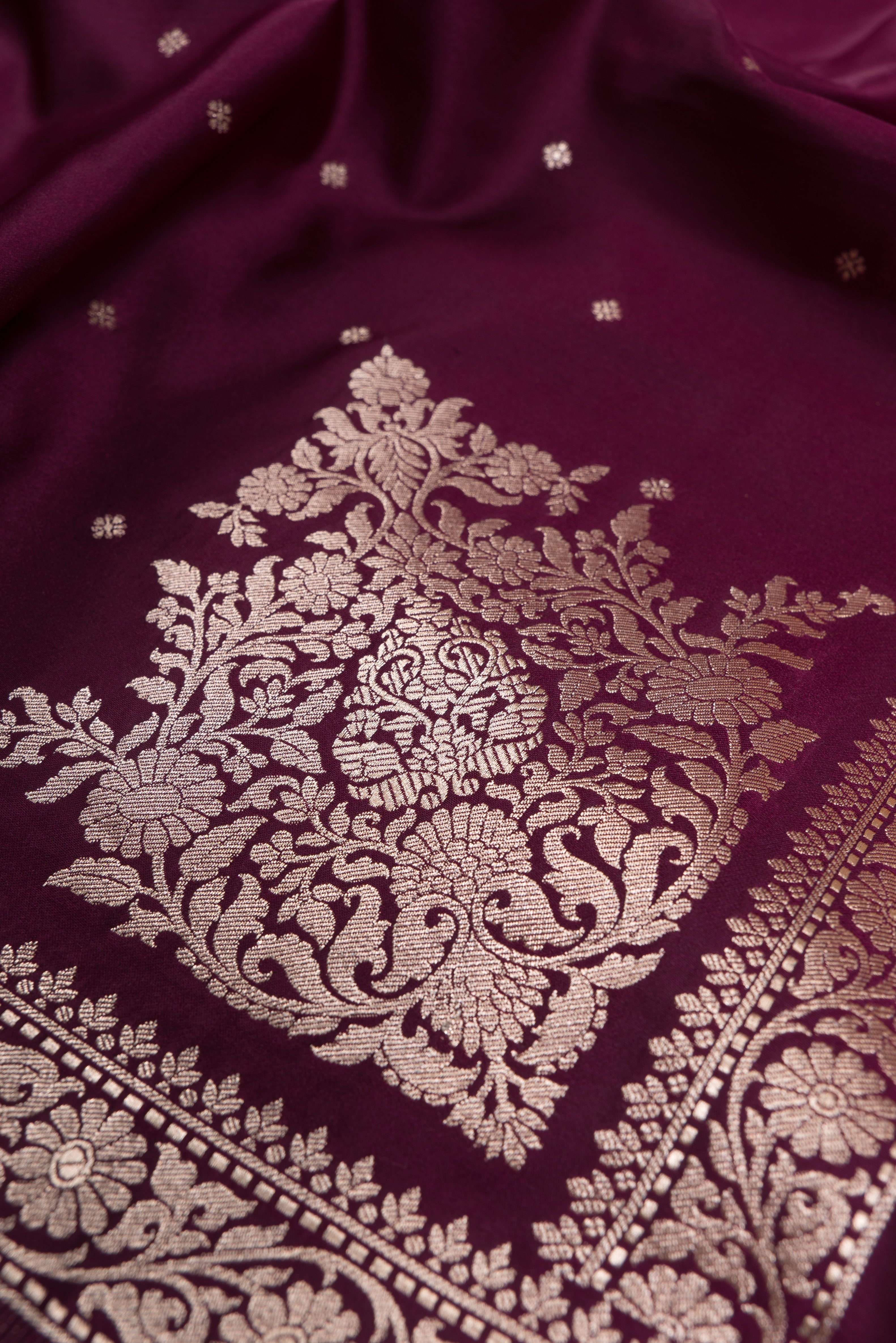 Wine Soft Silk Banarasi Saree with Gold Zari Delicate border