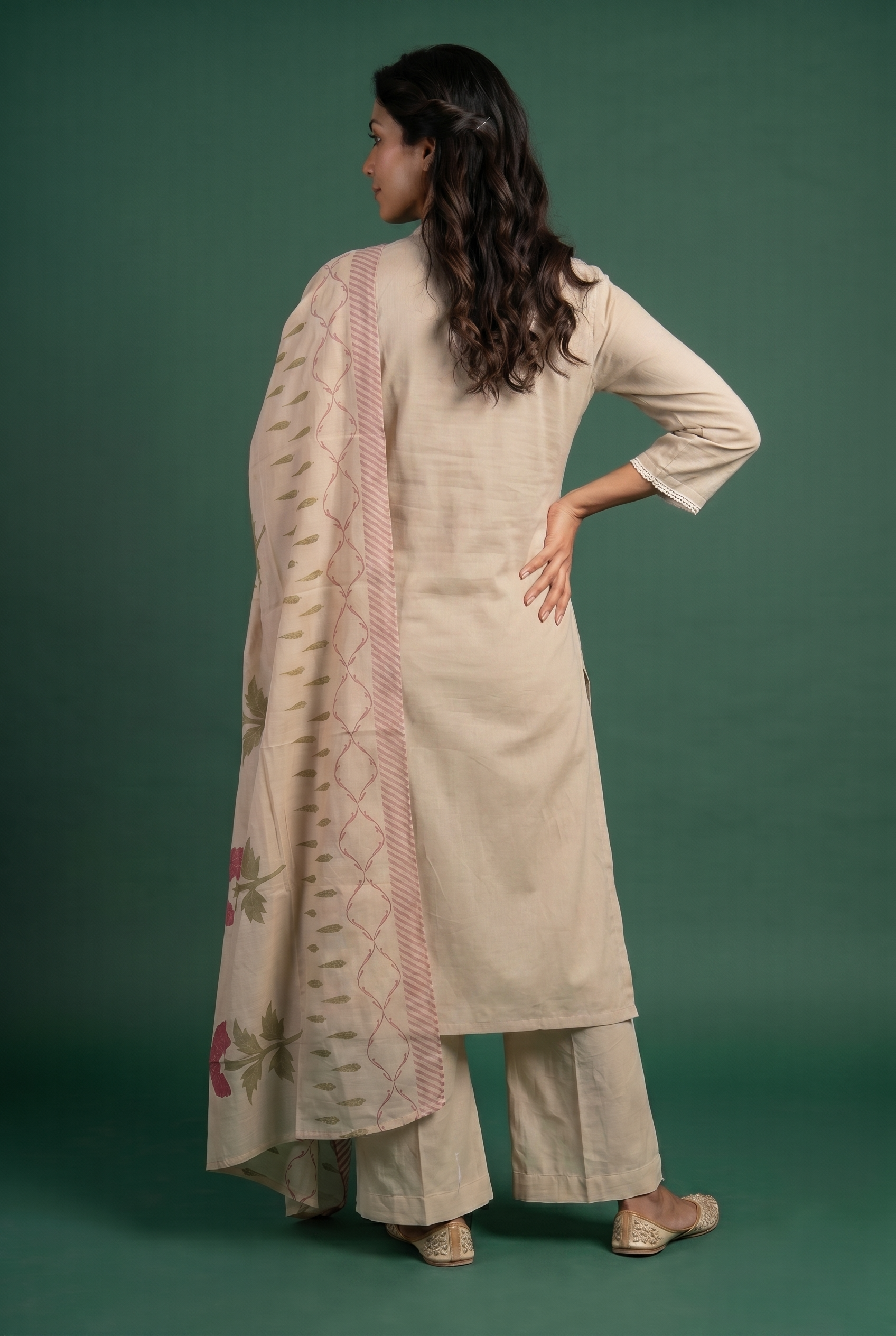 Sand Beige Mul Crepe Salwar Kameez with Ivory Chikankari Jaal Embroidery