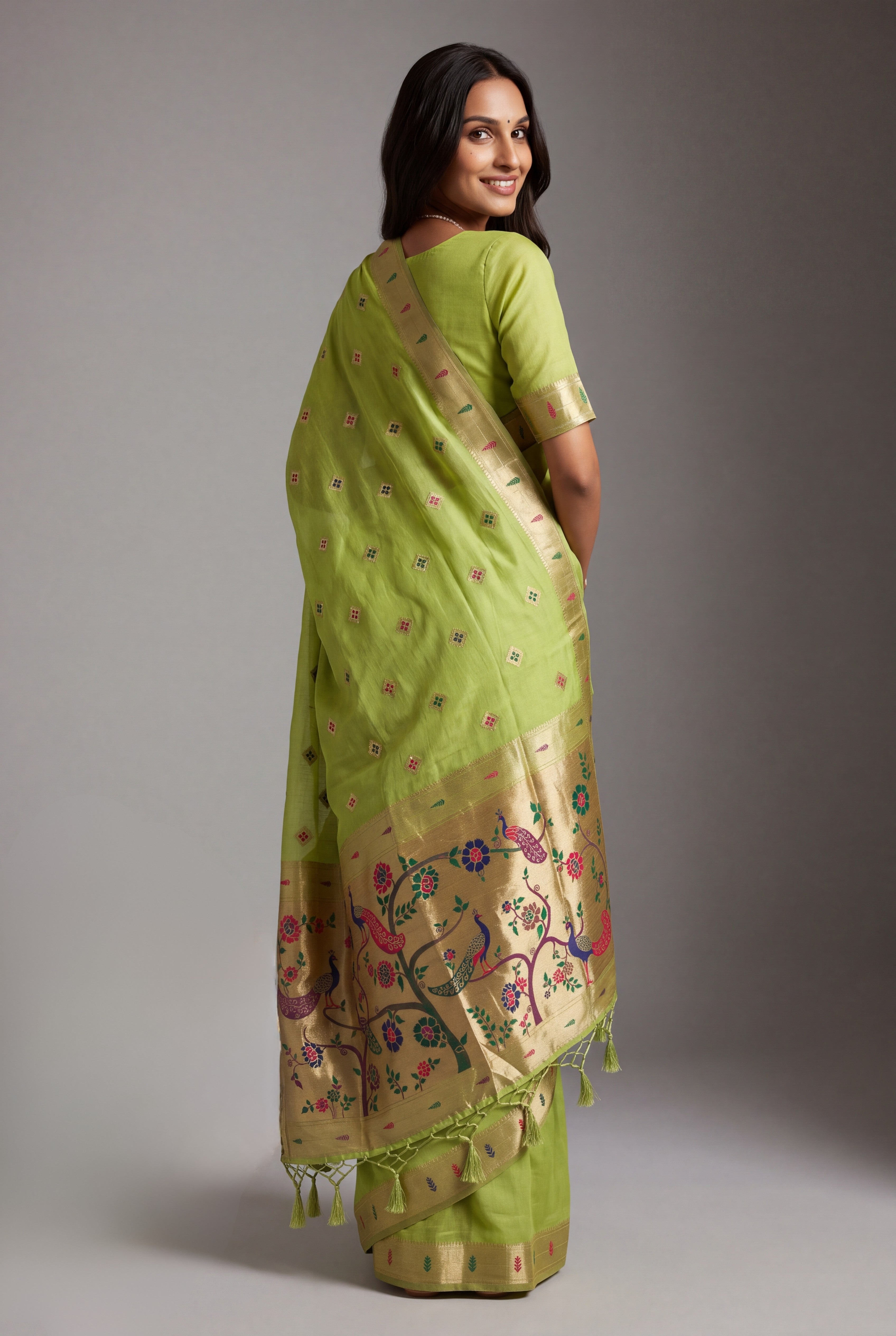 Pastel Green Cotton Paithani Saree with Vṛkṣa border and Nīlamaṇi Pallu