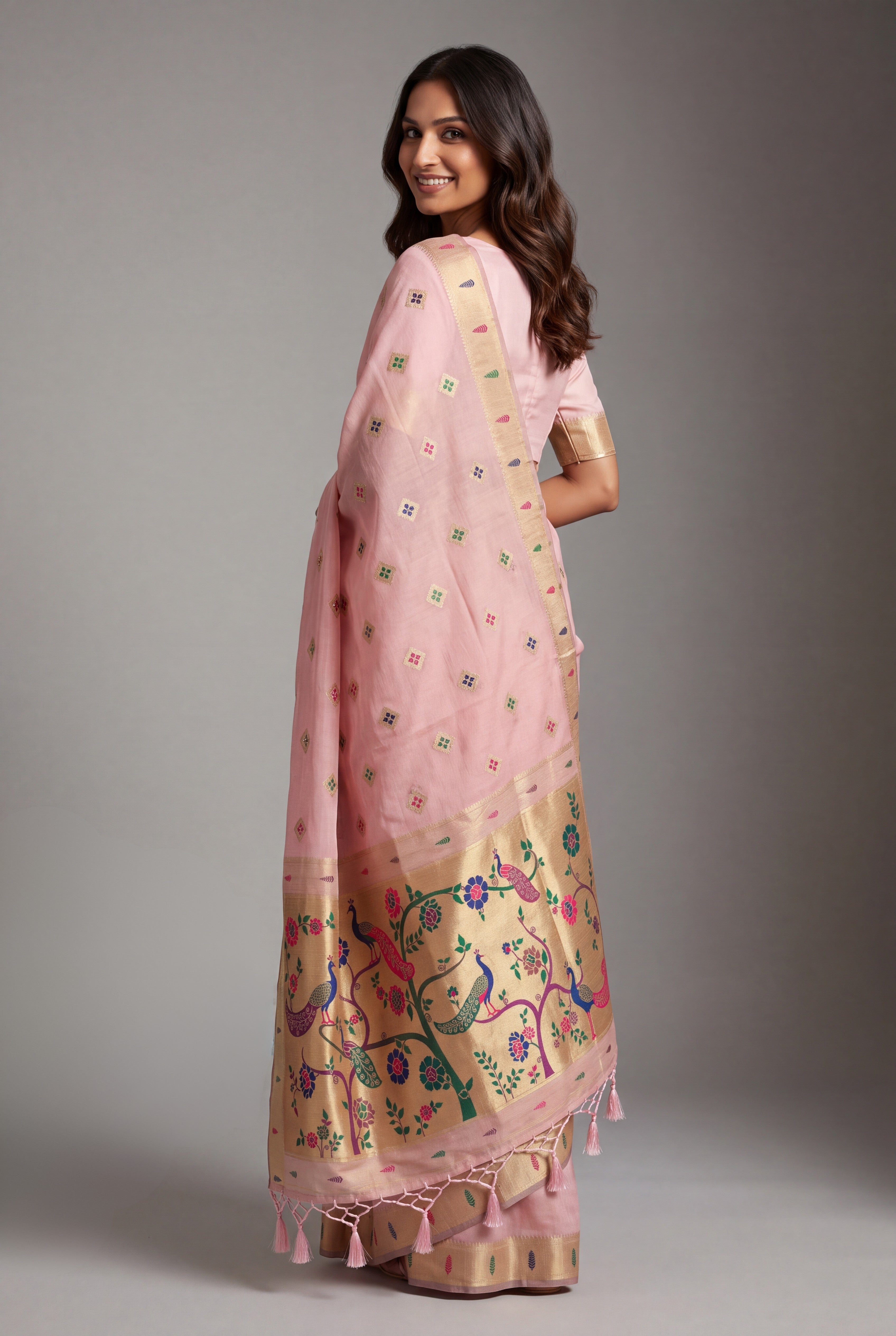 Pastel Pink Cotton Paithani Saree with Vṛkṣa border and Nīlamaṇi Pallu