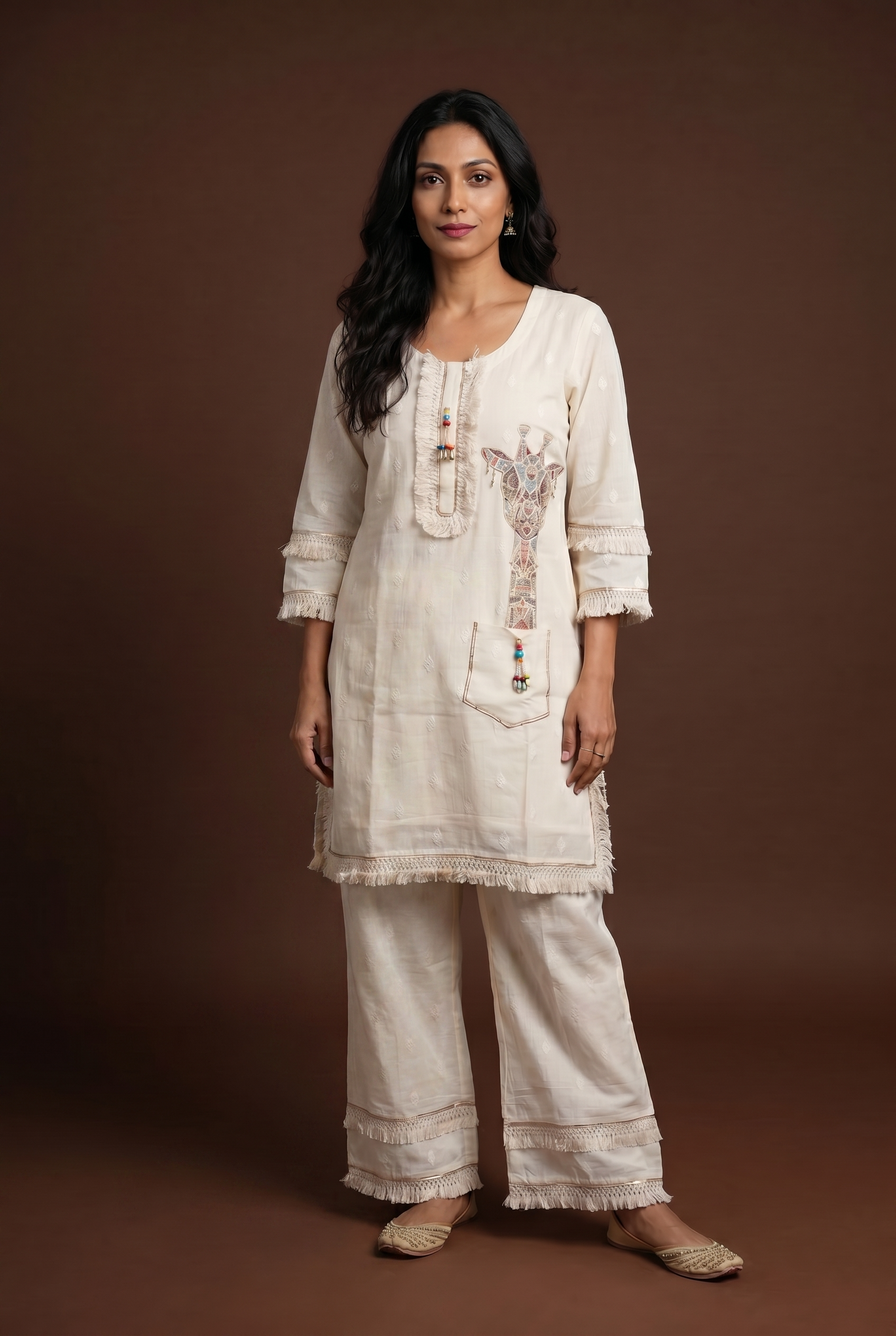 Cream Khadi Cotton Palazzo Co-ord Set with Handcrafted Giraffe Patchwork