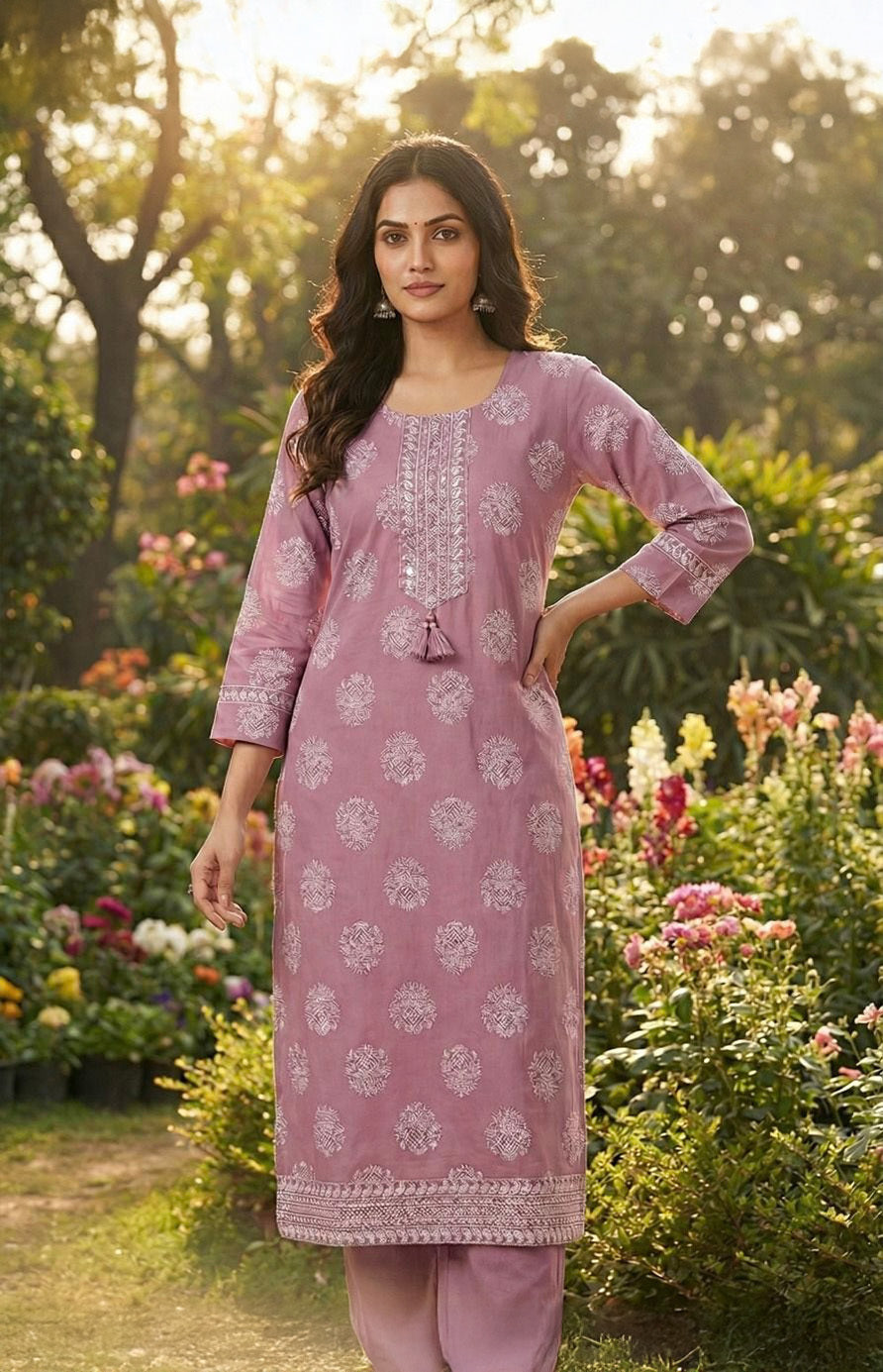 Lavender Straight Pant Set with Embroidary work and Khadi Block Print