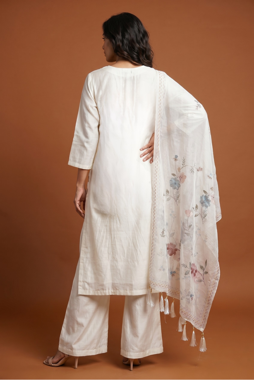 Cream Mul Crepe Salwar Kameez with Resham Mriganvana threadwork