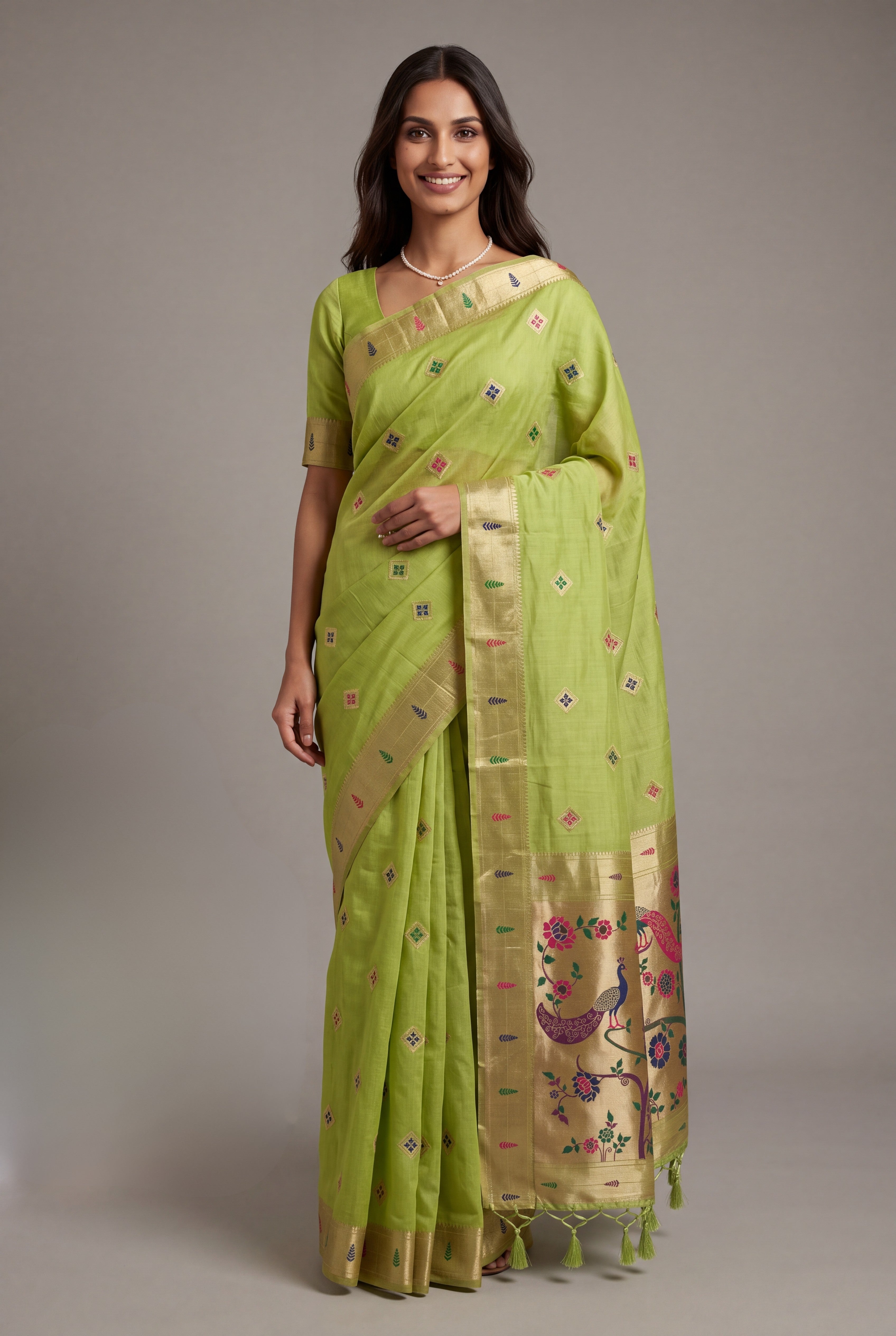 Pastel Green Cotton Paithani Saree with Vṛkṣa border and Nīlamaṇi Pallu