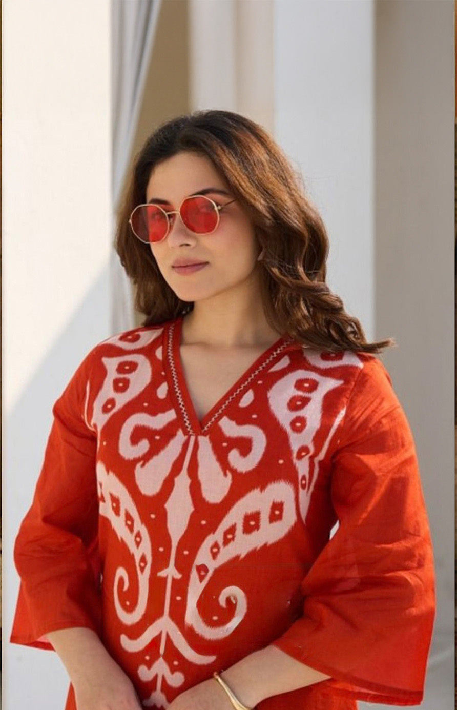 Sunset Orange Pant Set with Cream contrast print