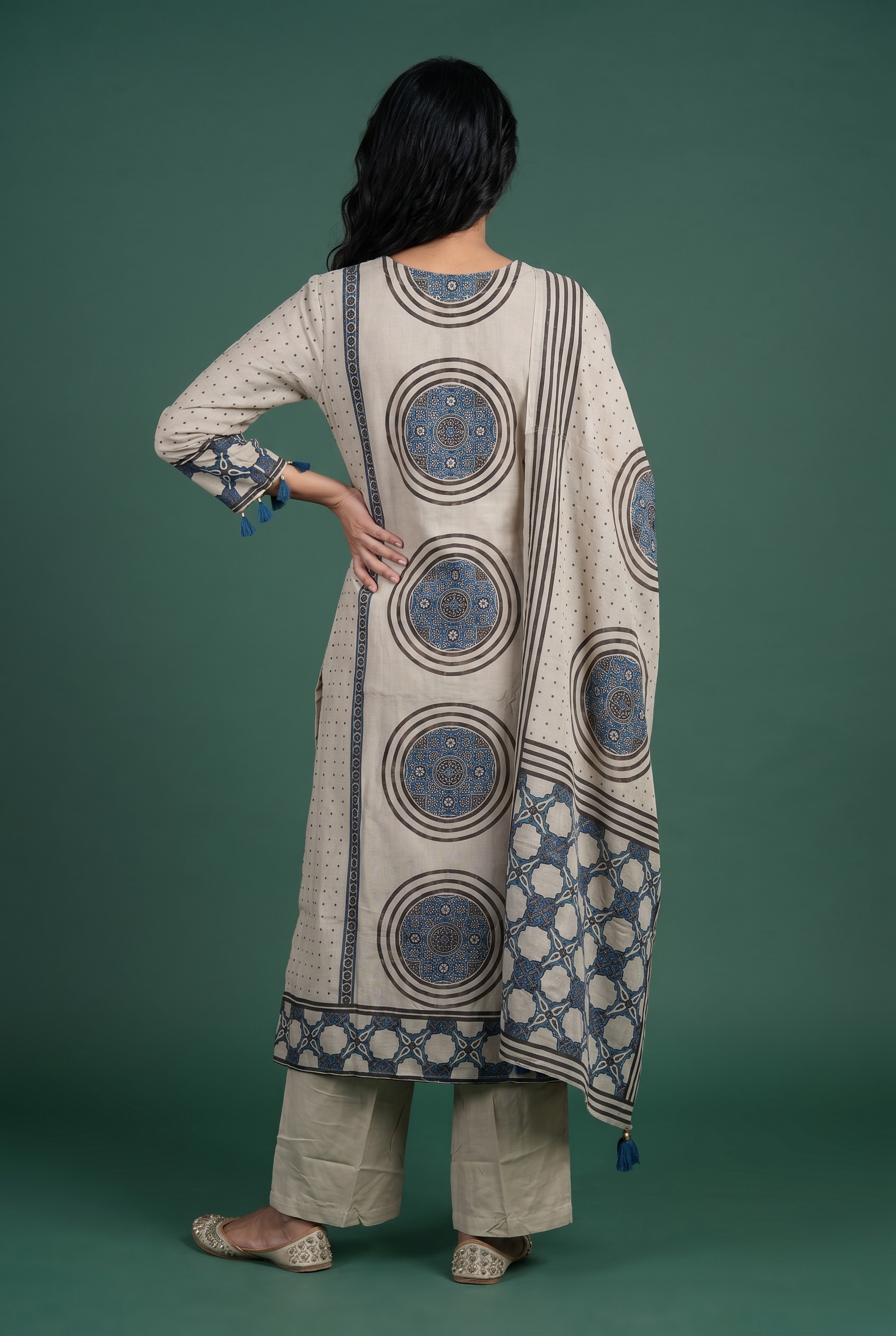 Beige Crepe Kurti with Ajrakh-Inspired Medallion Print