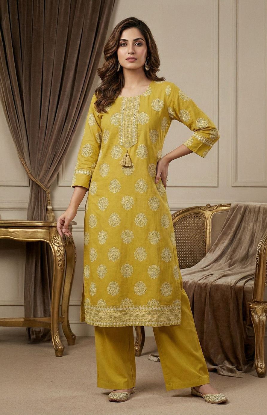 Lemon Yellow Straight Pant Set with Embroidary work and Khadi Block Print
