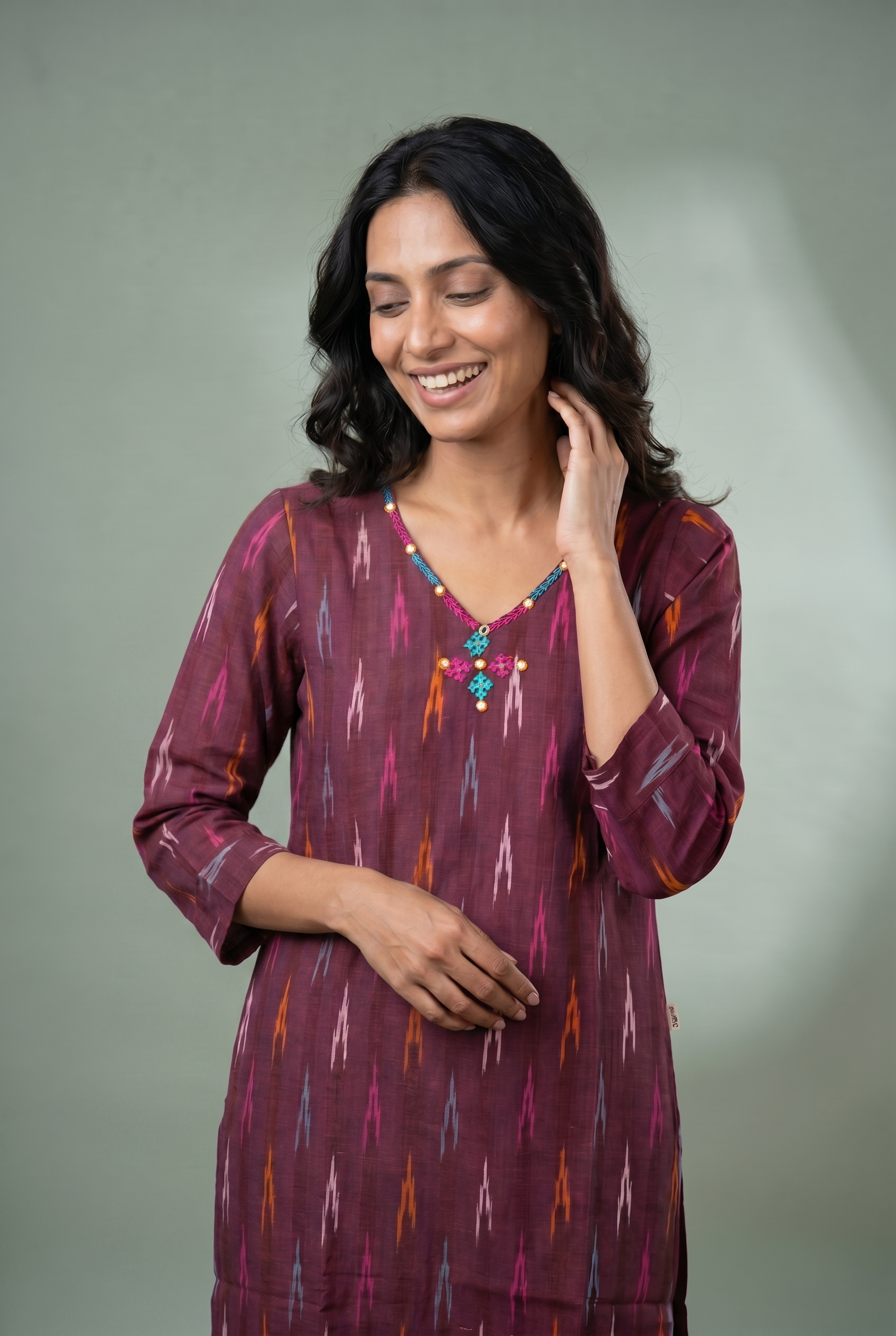 Mahogany Red Cotton Kurti with Ikkat Print