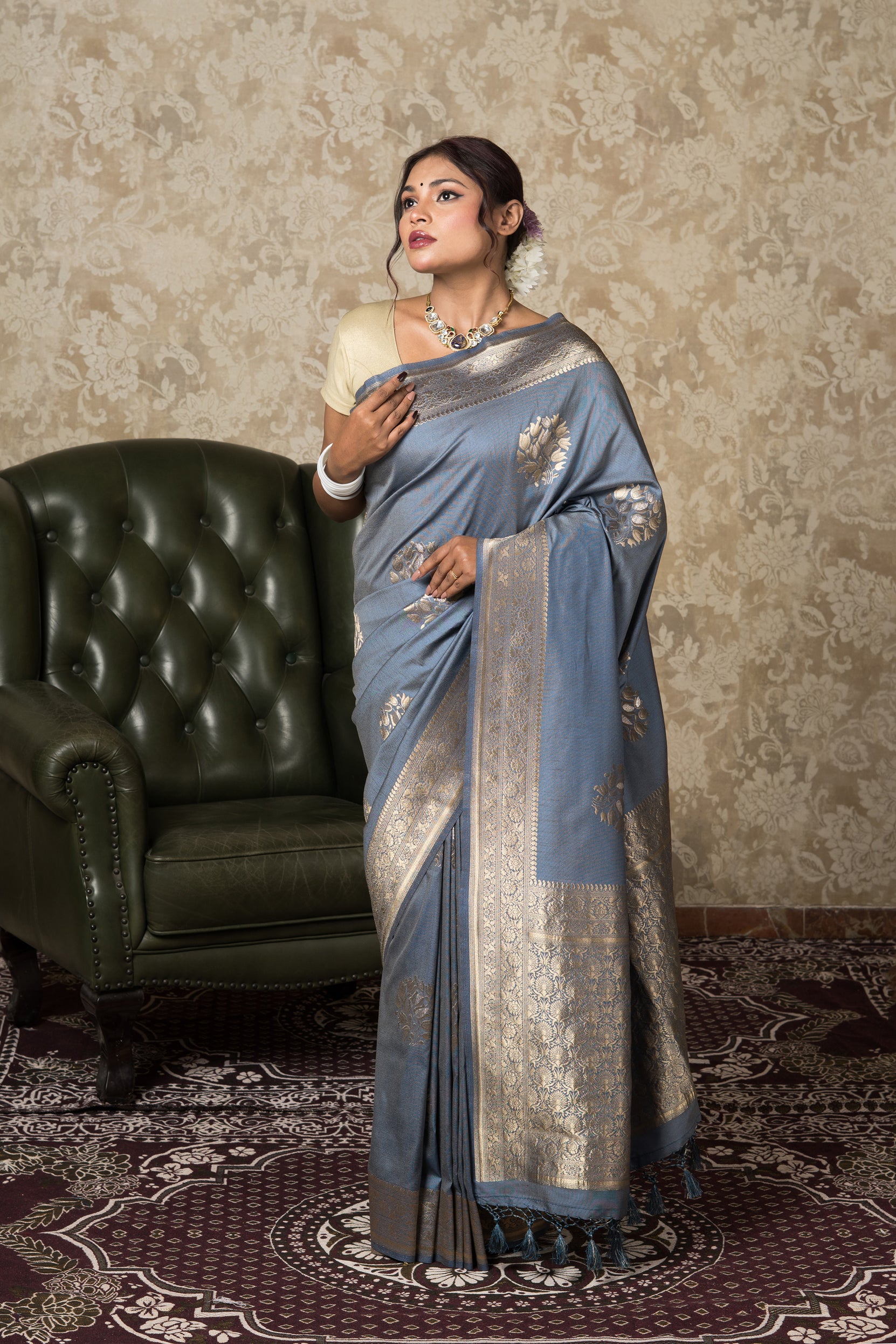 Steel Blue Silk Linen Saree