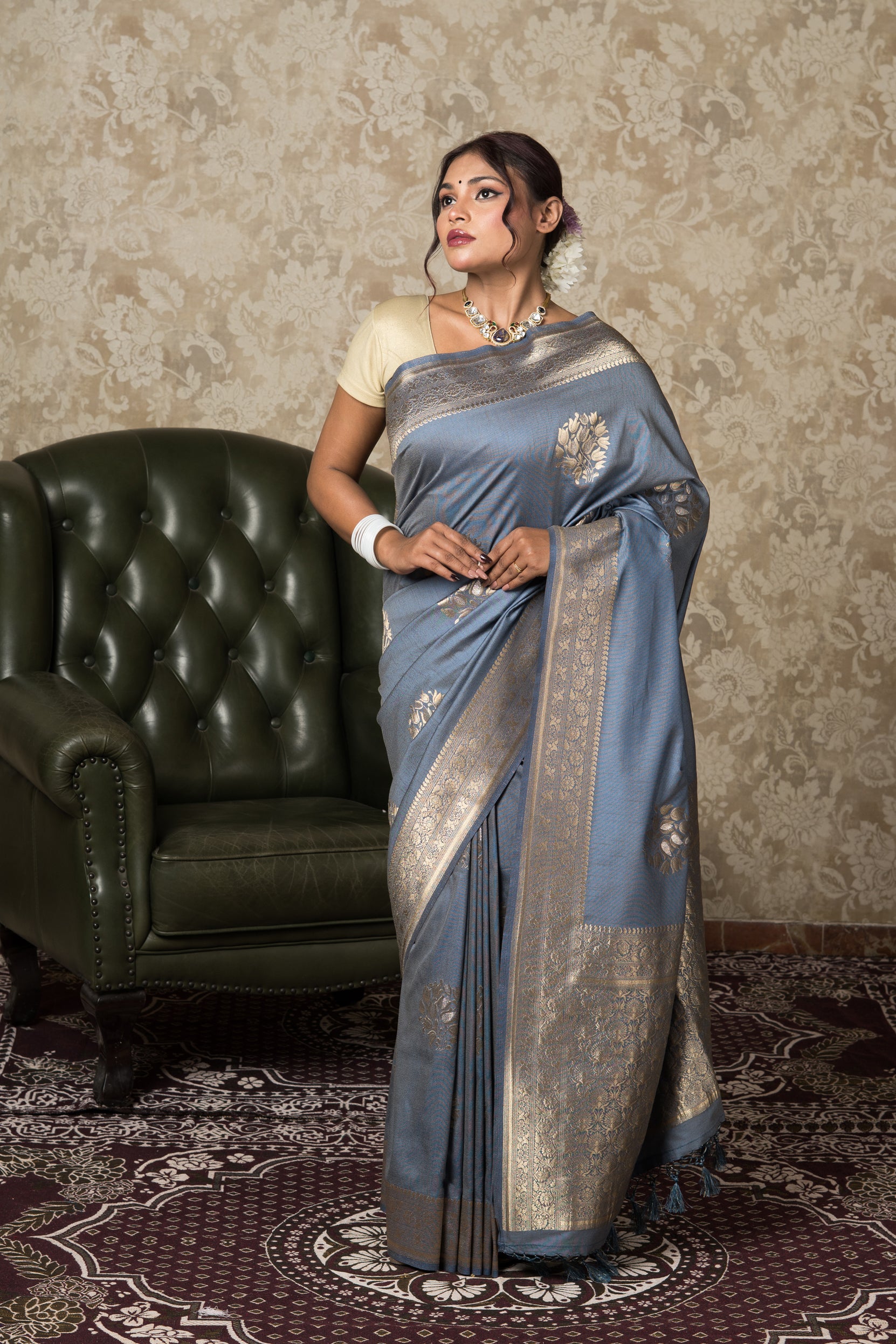 Steel Blue Silk Linen Saree