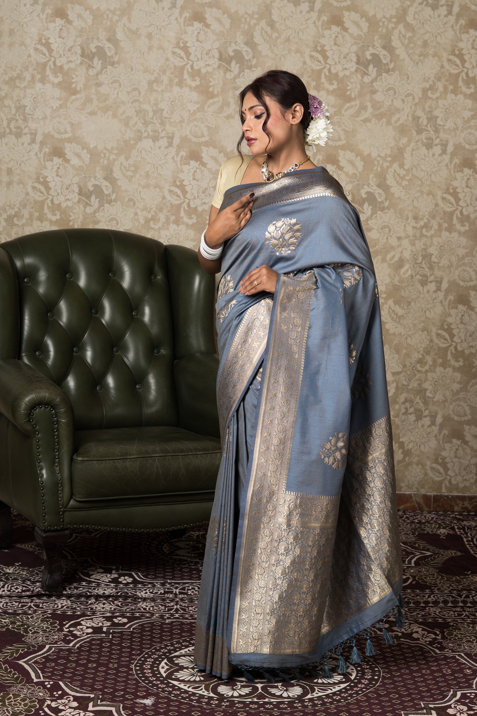Steel Blue Silk Linen Saree