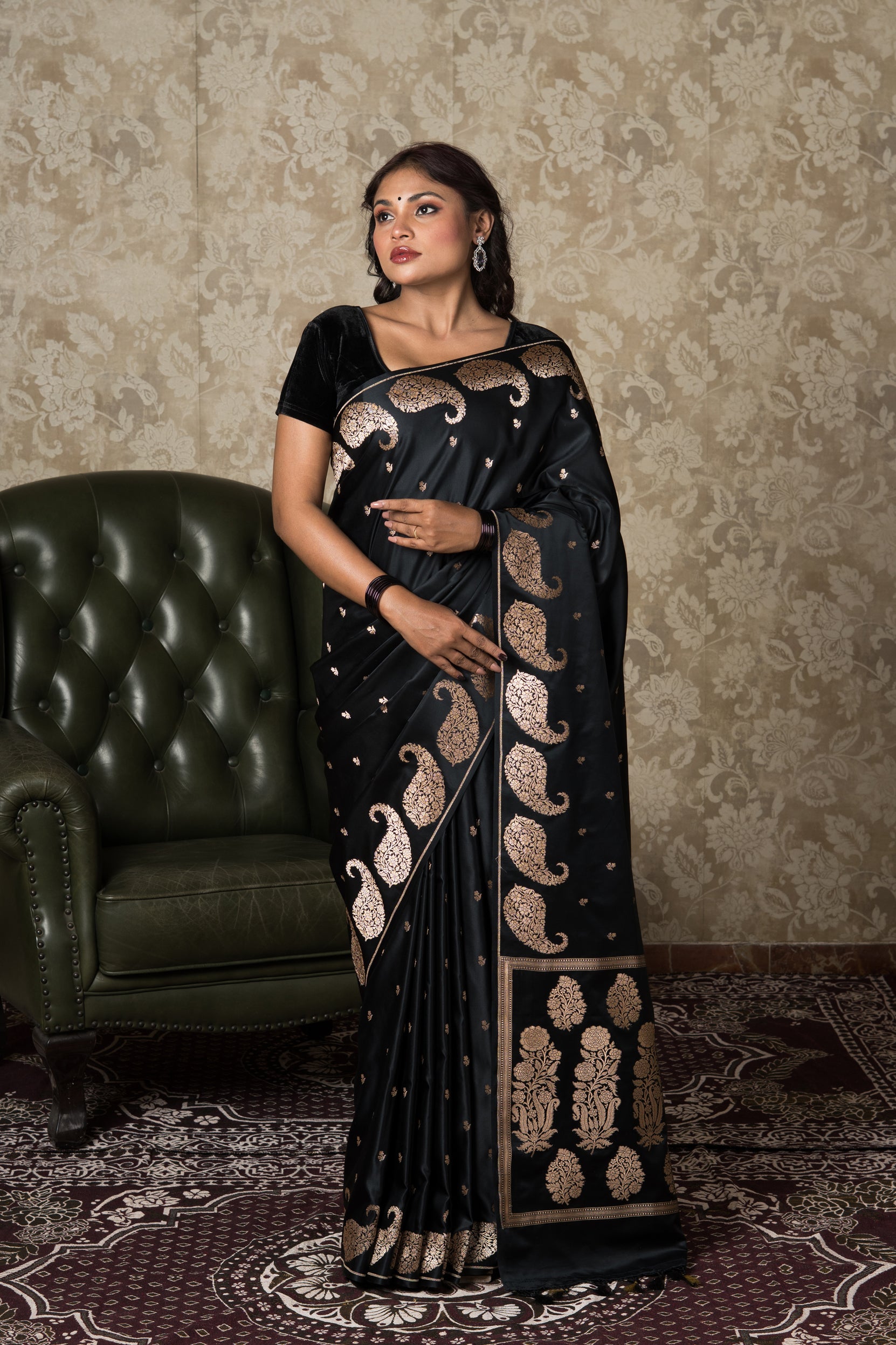Jet Black Katan Silk Banarasi Saree