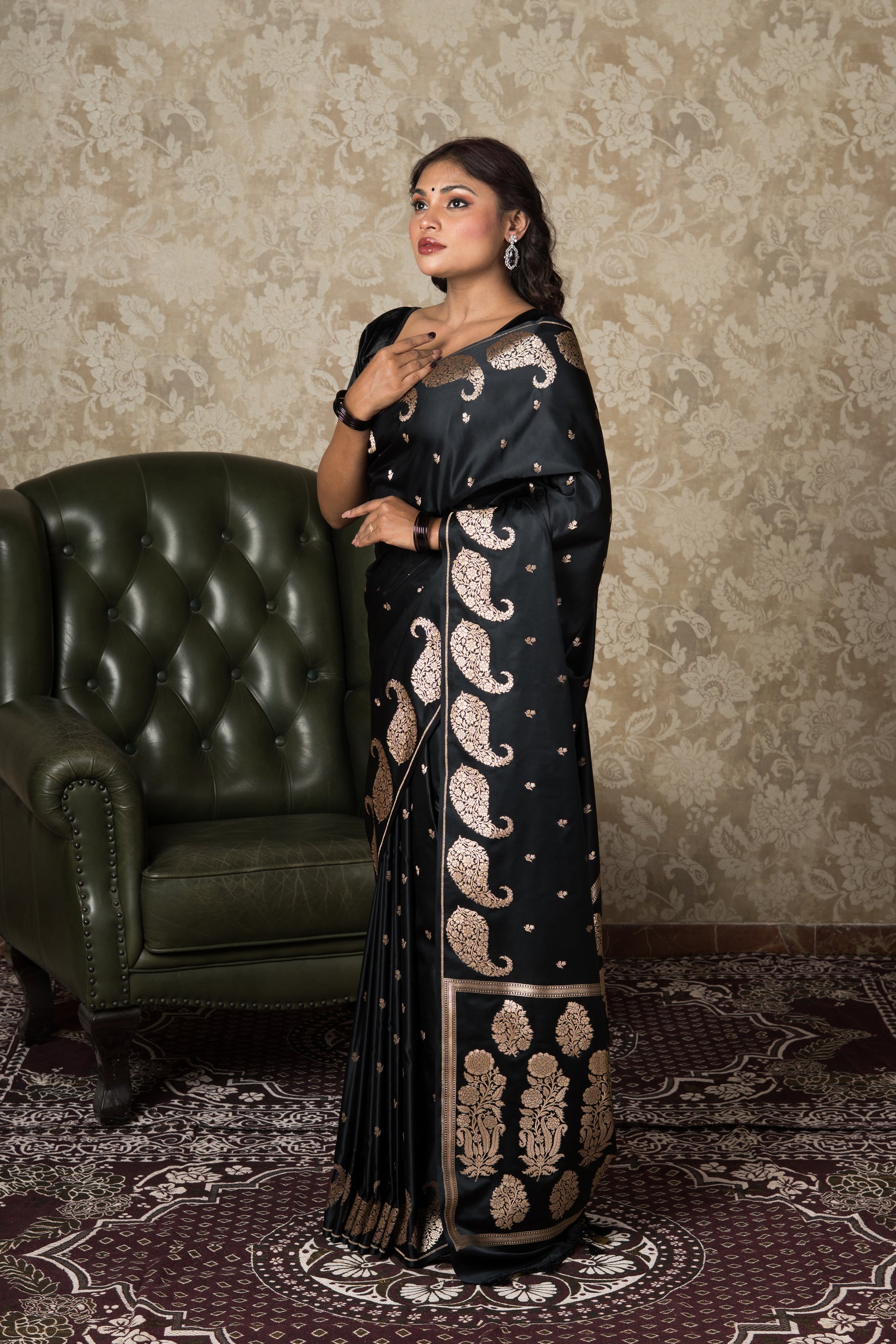 Jet Black Katan Silk Banarasi Saree