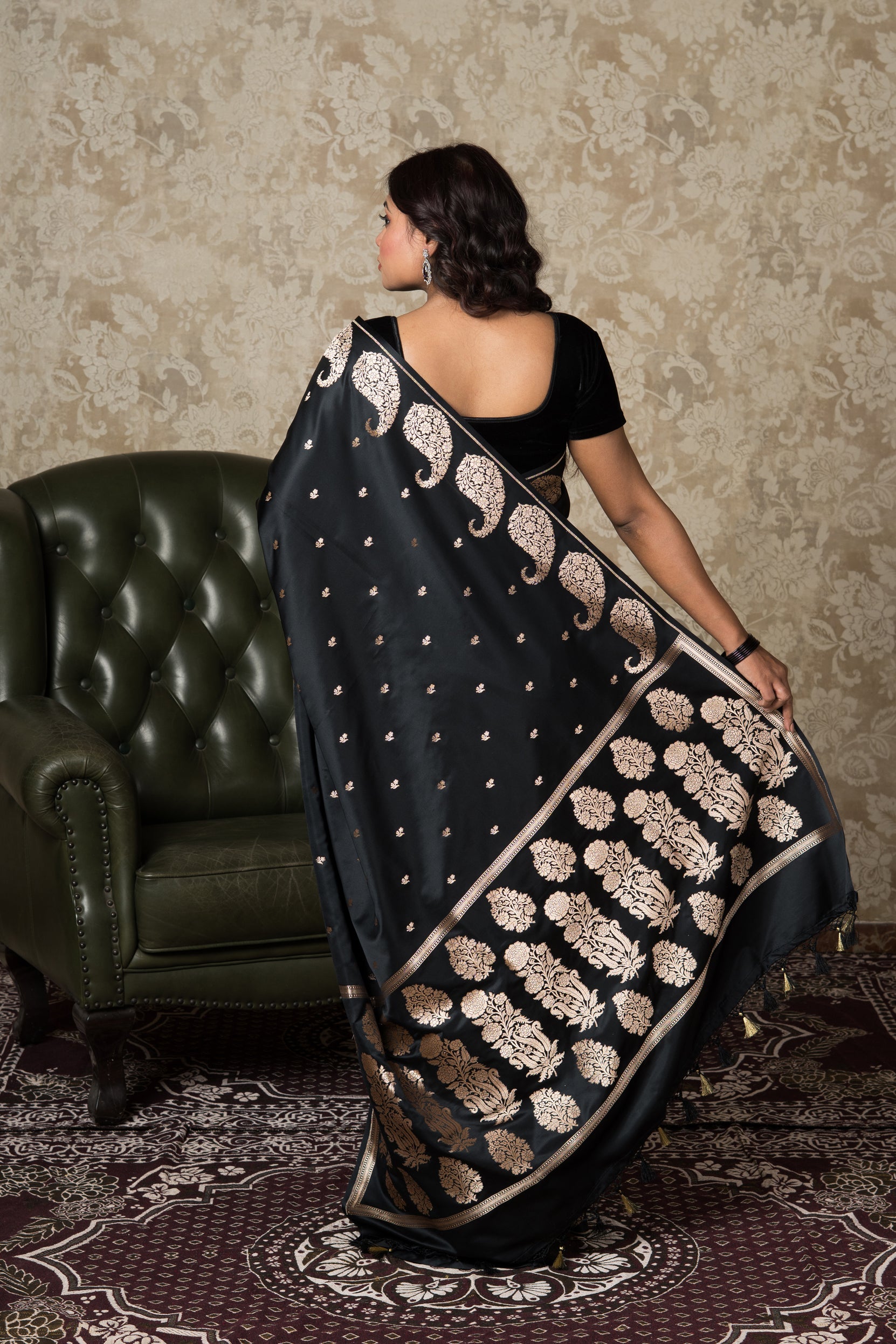 Jet Black Katan Silk Banarasi Saree