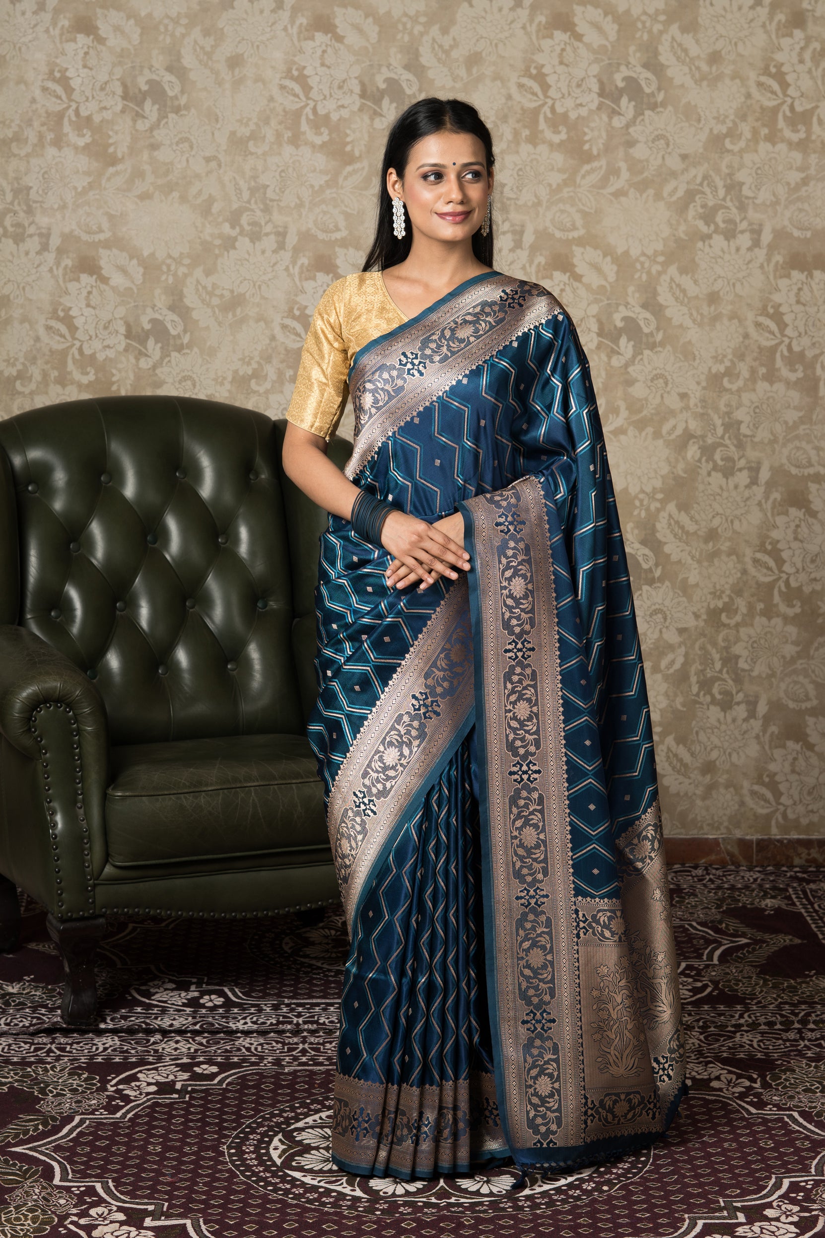 Navy Blue Katan Silk Banarasi Saree