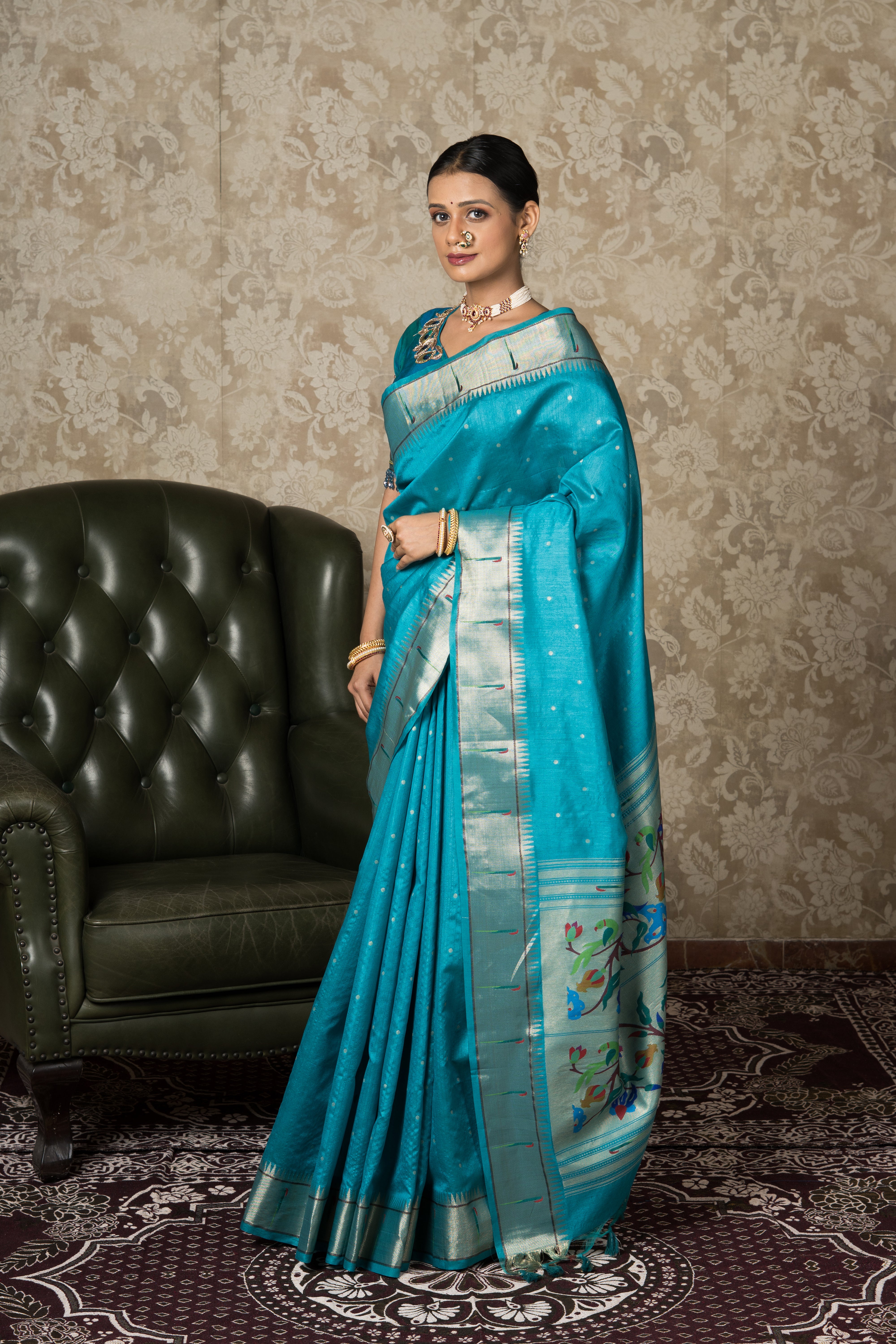 Sea Green Tussar Silk Paithani Saree