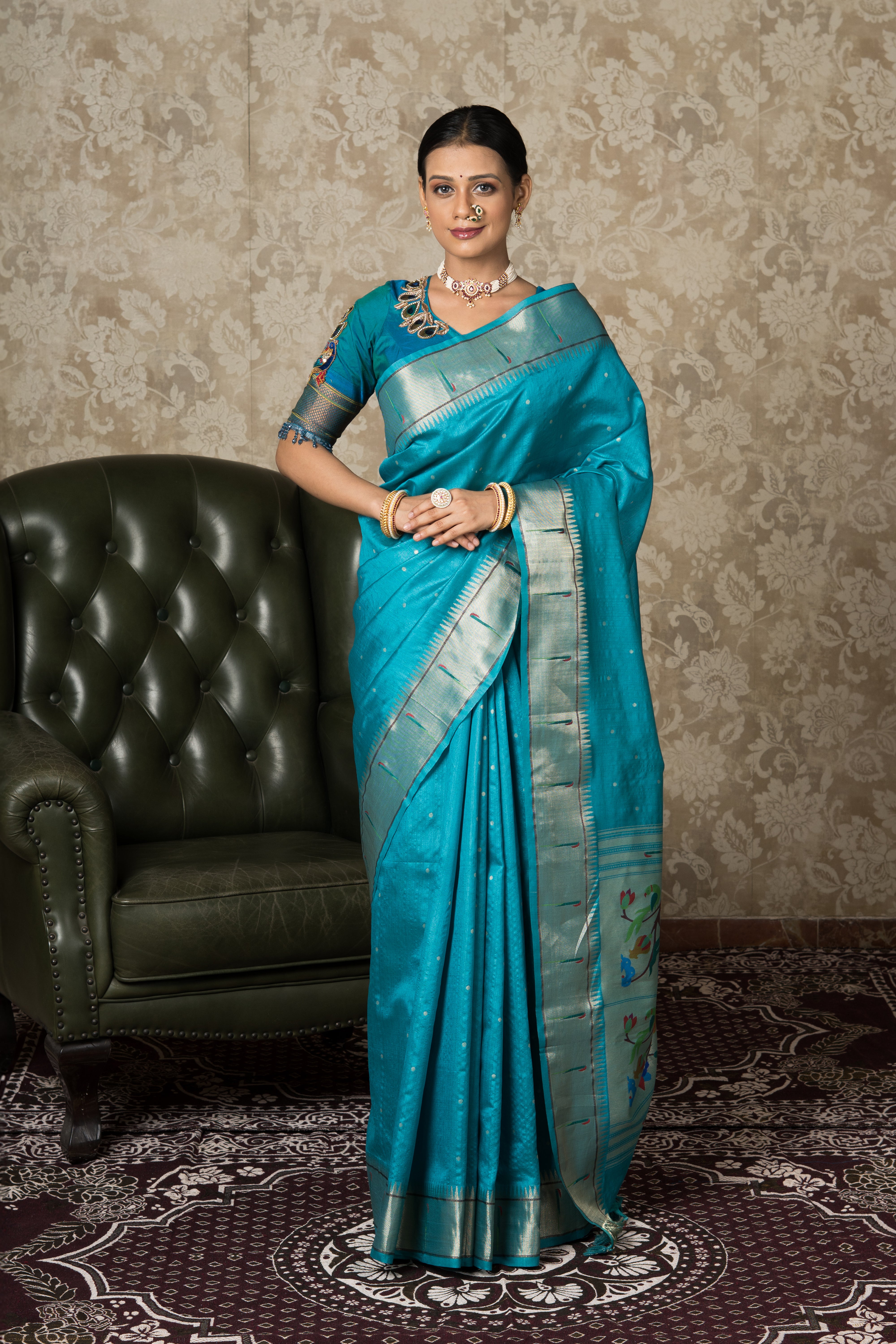 Sea Green Tussar Silk Paithani Saree