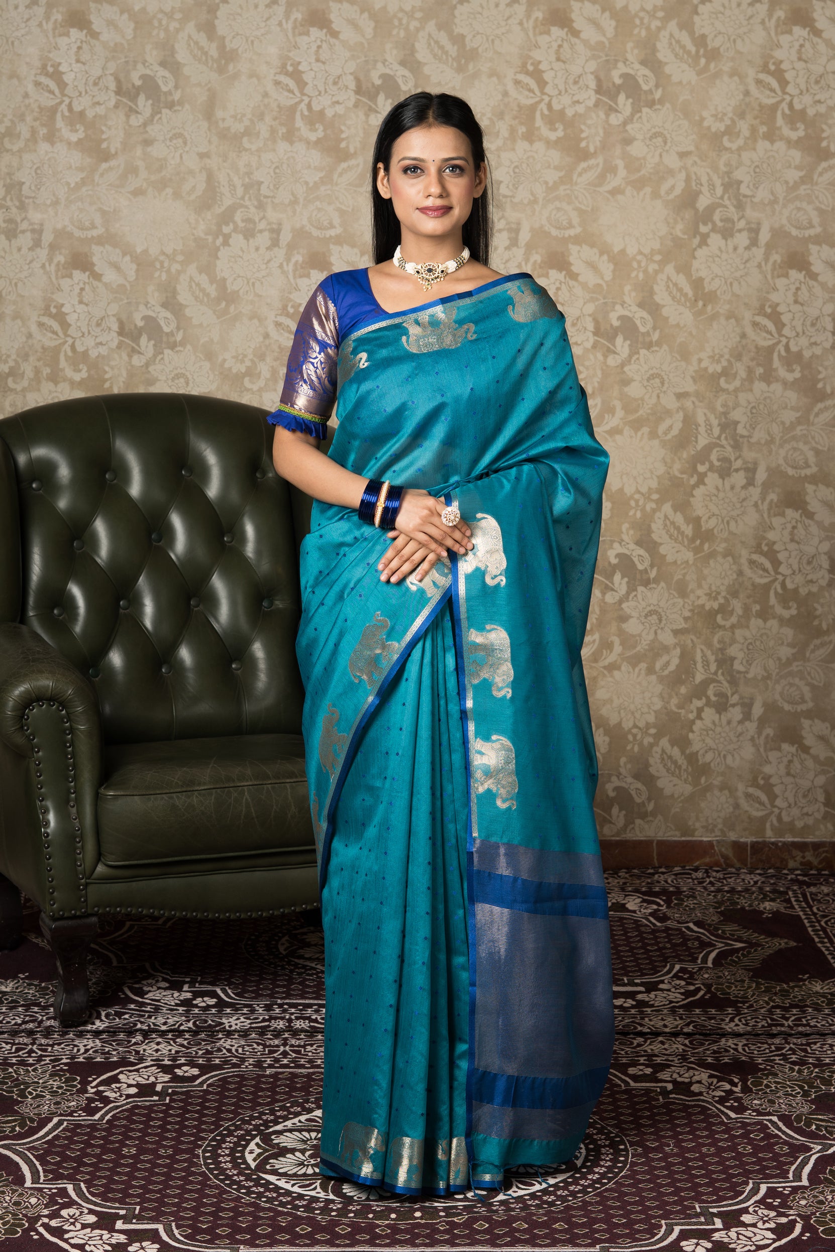 Peacock Green Tussar Silk Saree