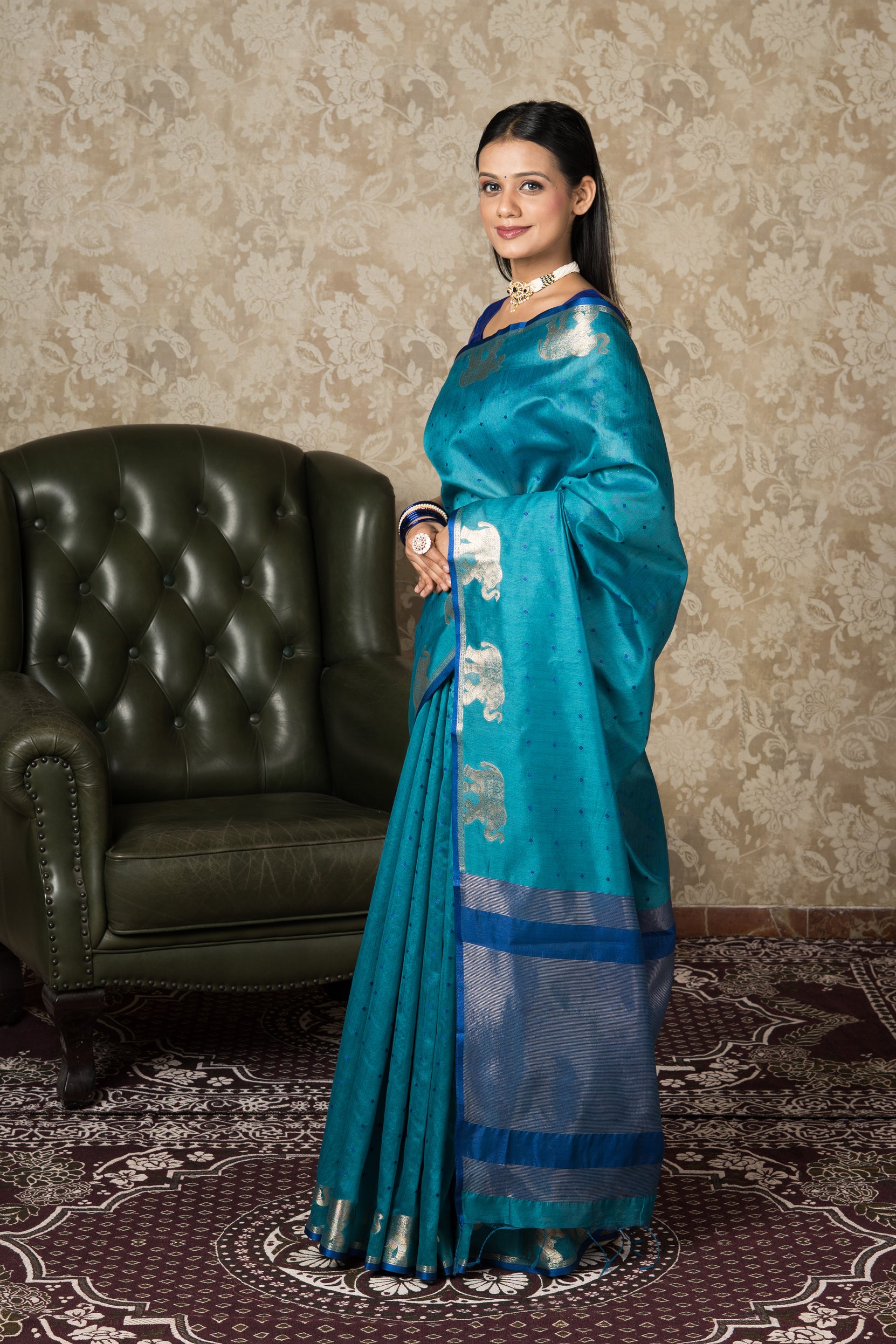 Peacock Green Tussar Silk Saree