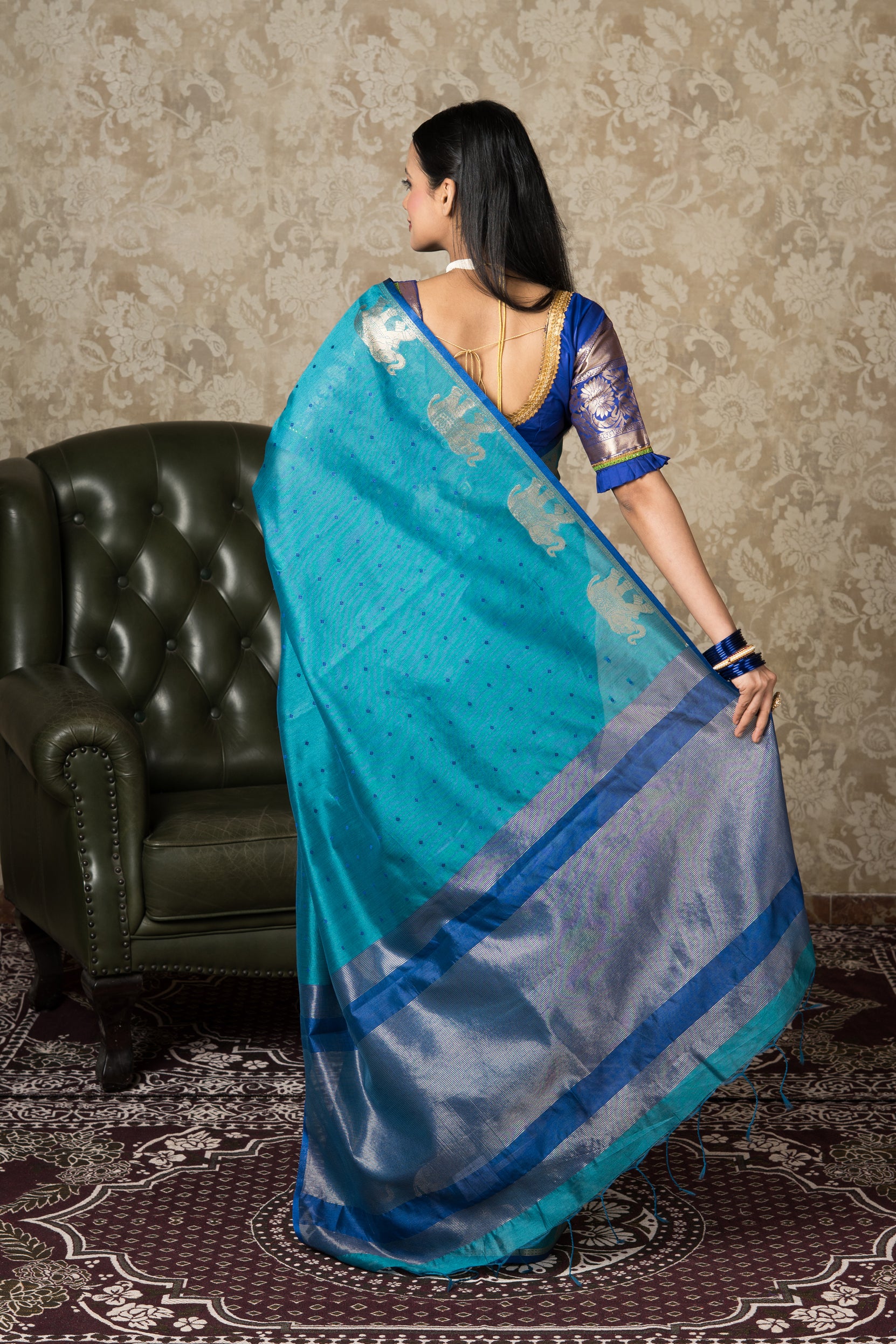 Peacock Green Tussar Silk Saree