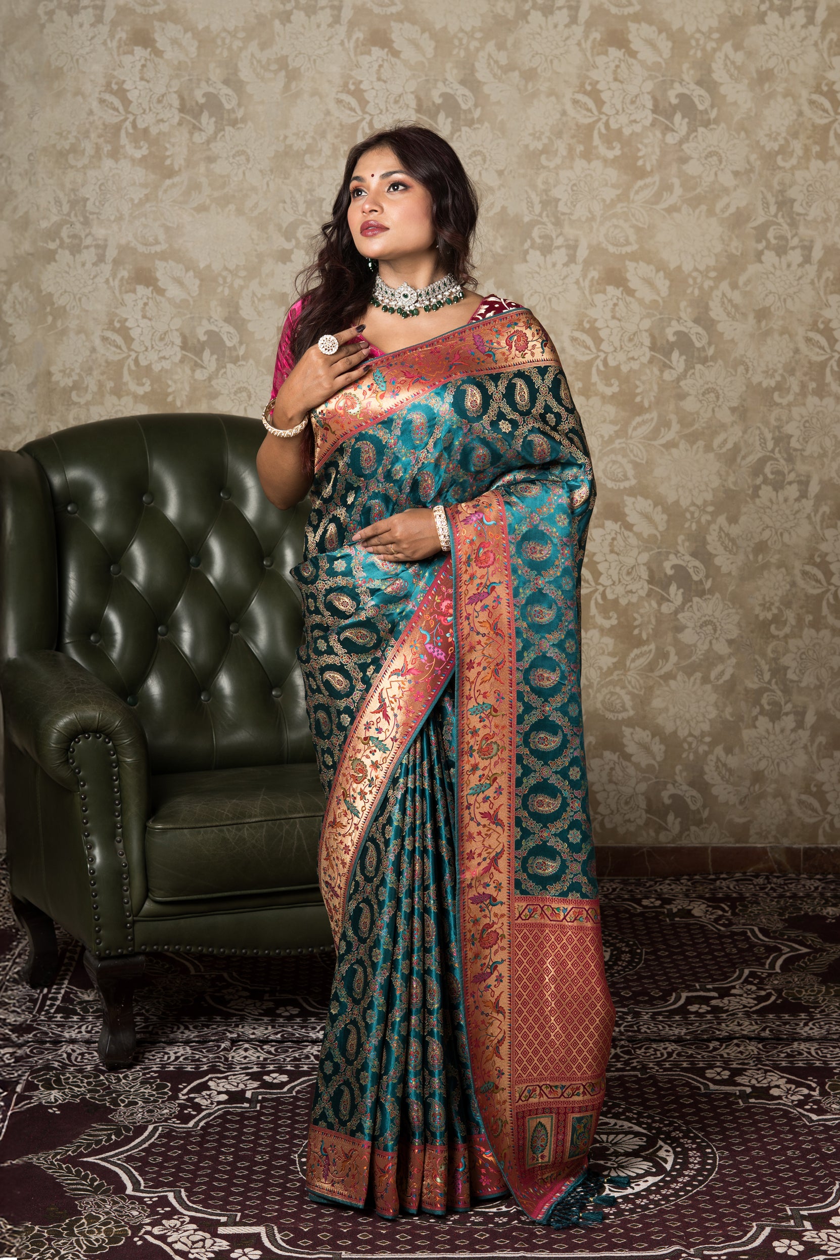 Peacock Green Katan Silk Pashmina Saree