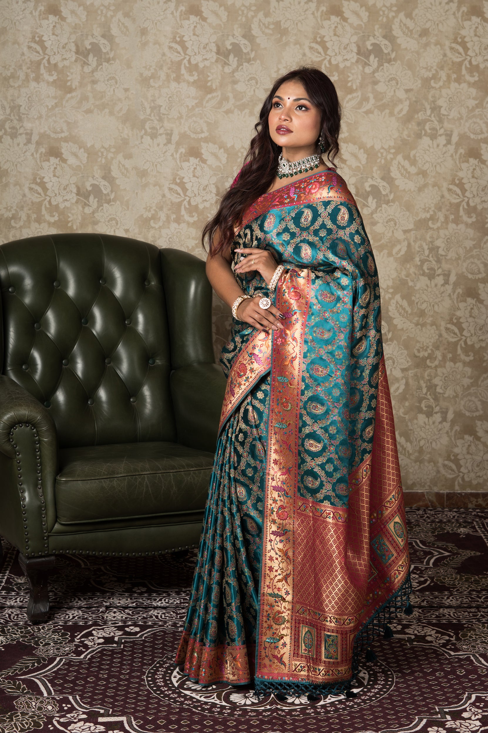 Peacock Green Katan Silk Pashmina Saree
