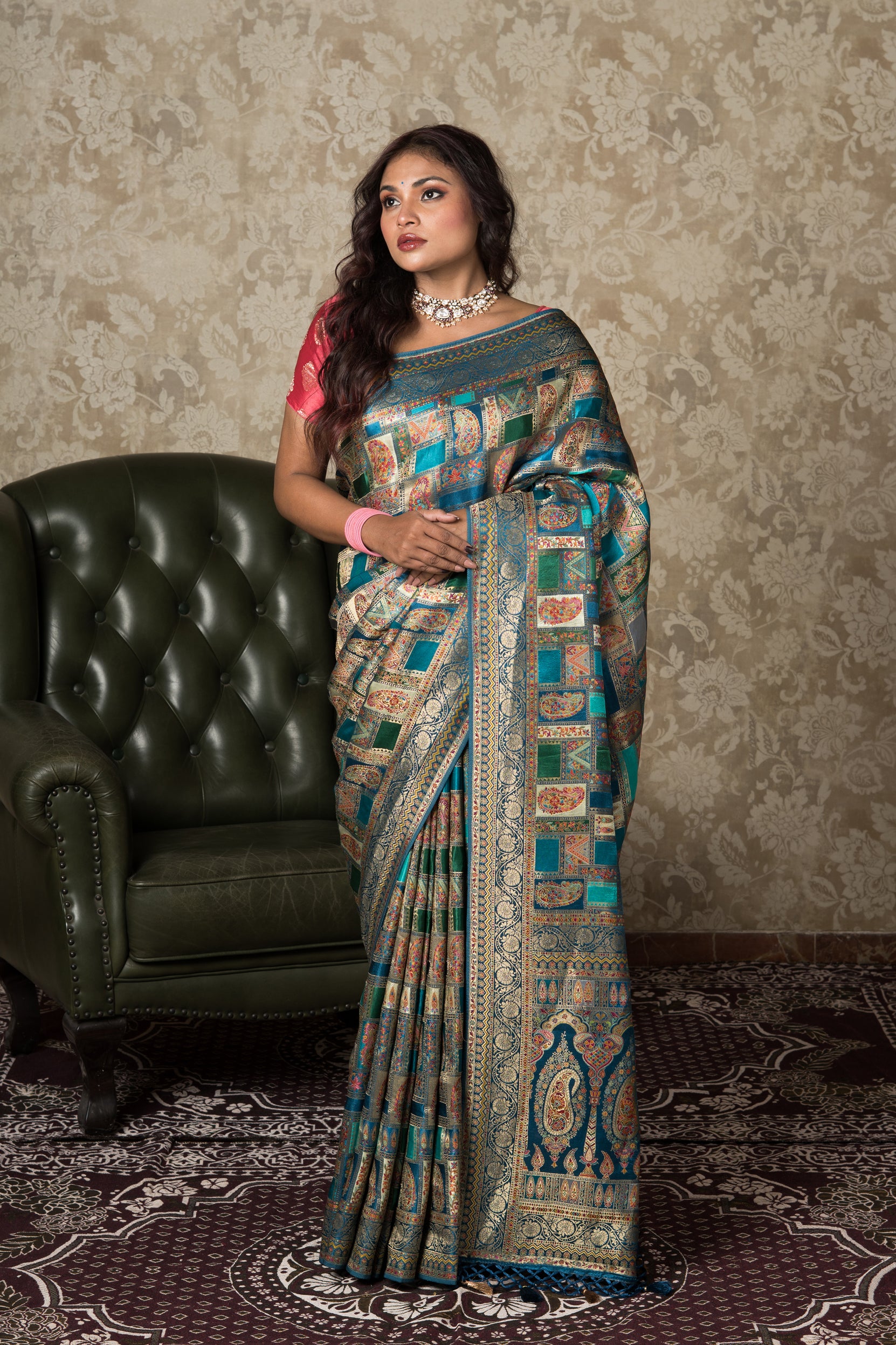 Peacock Blue Katan Silk Pashmina Saree