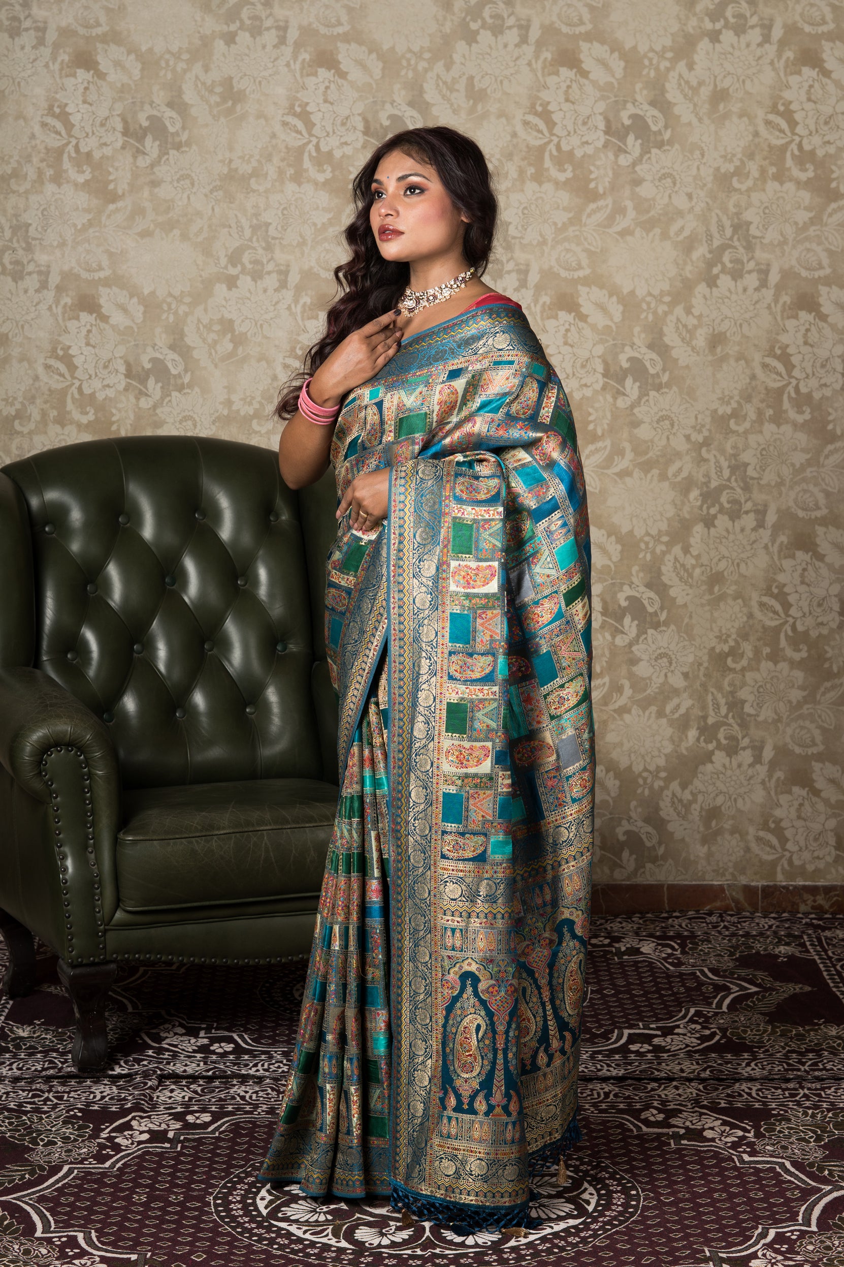 Peacock Blue Katan Silk Pashmina Saree