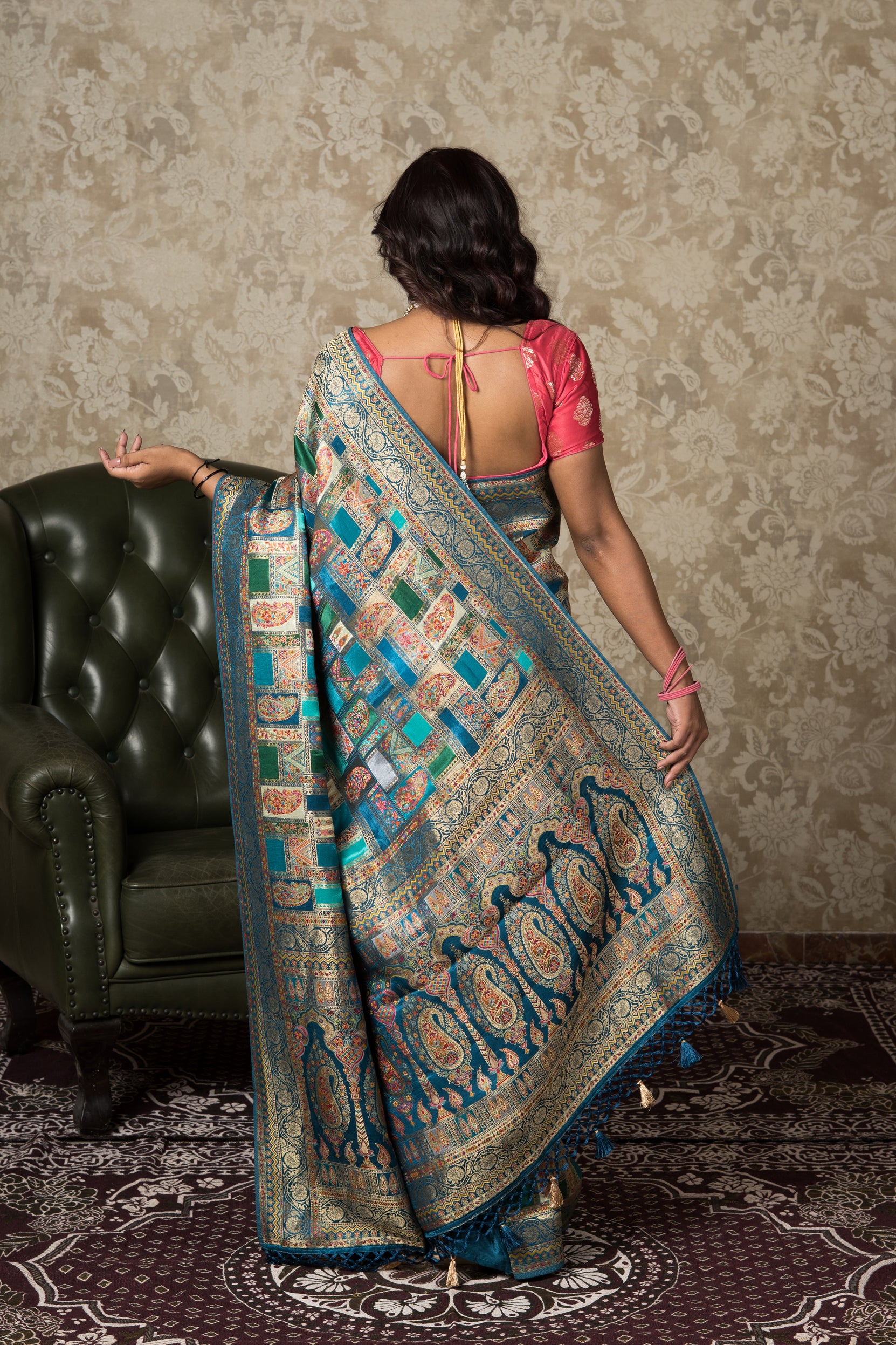 Peacock Blue Katan Silk Pashmina Saree