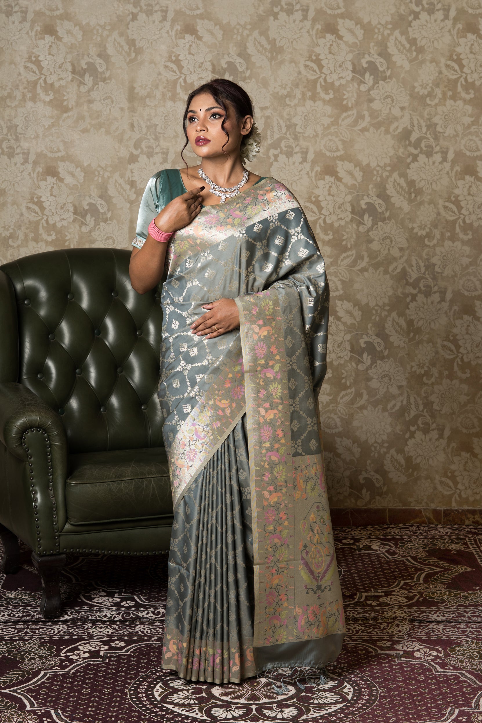 Grey Katan Silk Saree