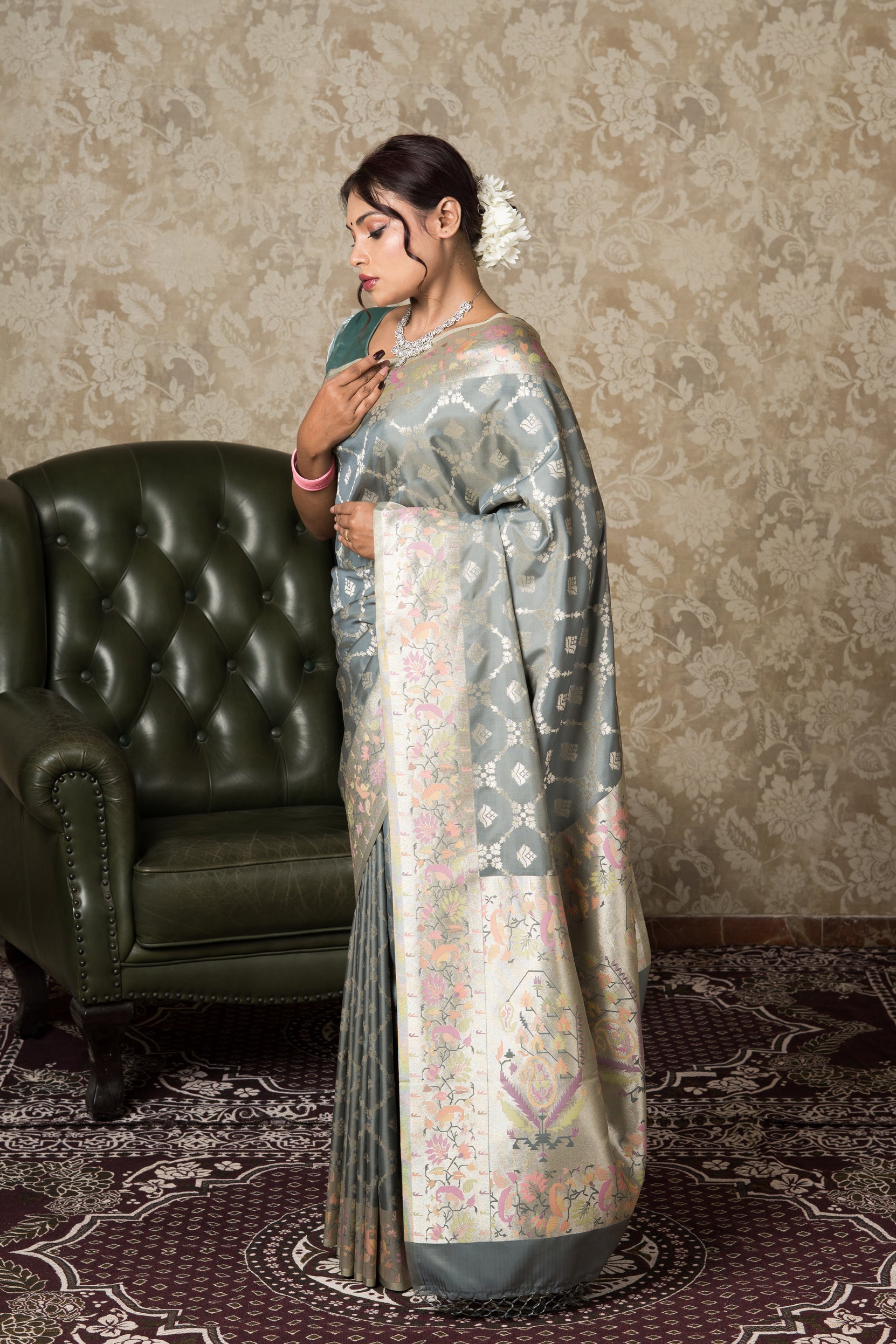 Grey Katan Silk Saree