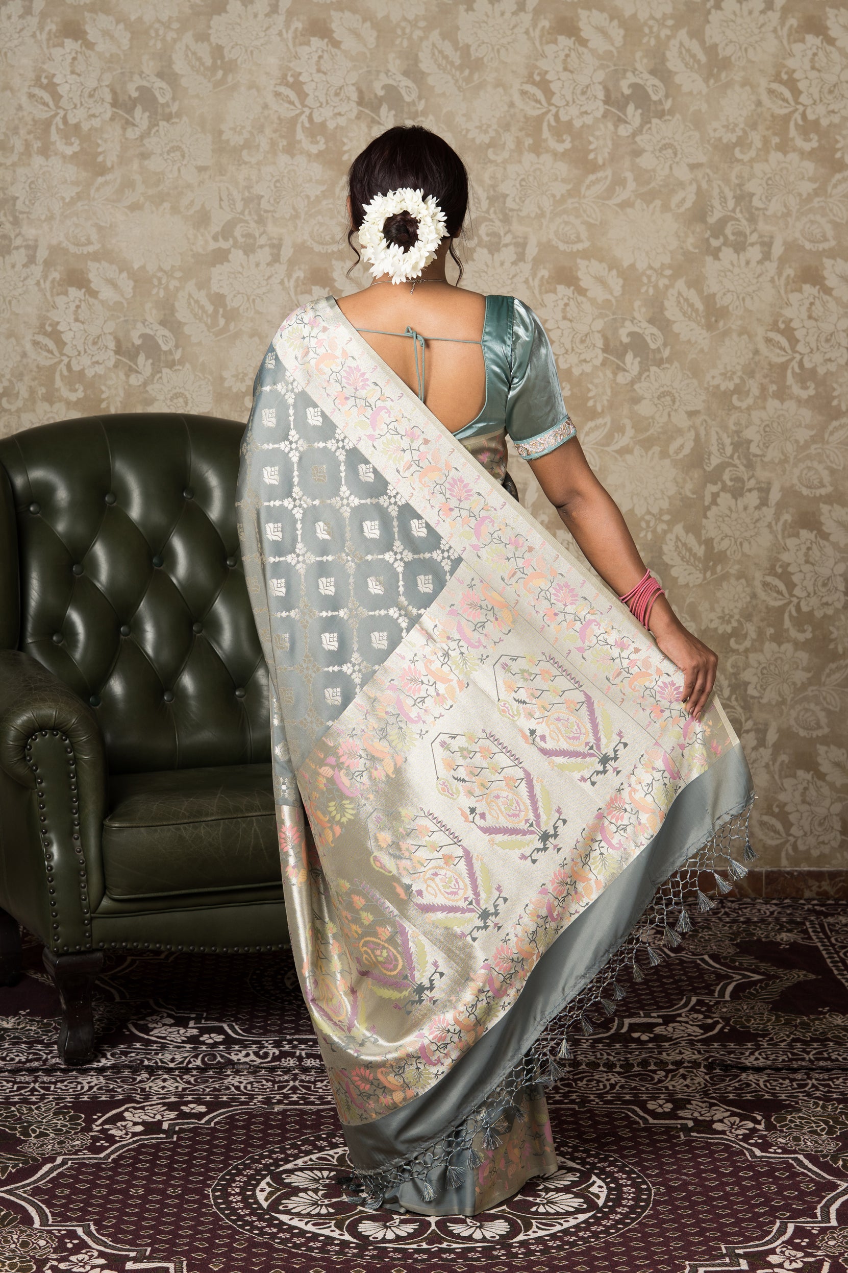 Grey Katan Silk Saree