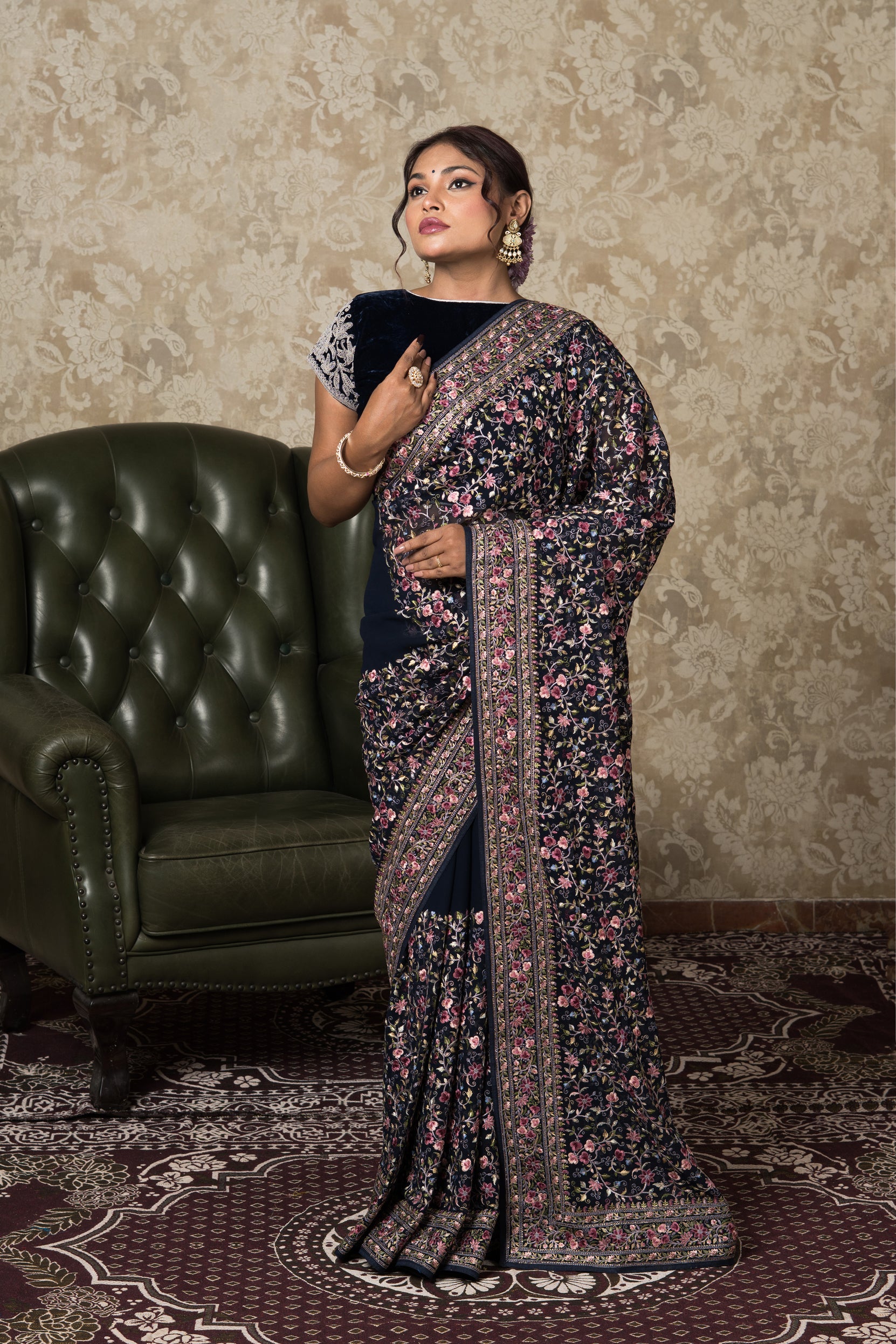 Navy Blue Georgette Pashmina Saree