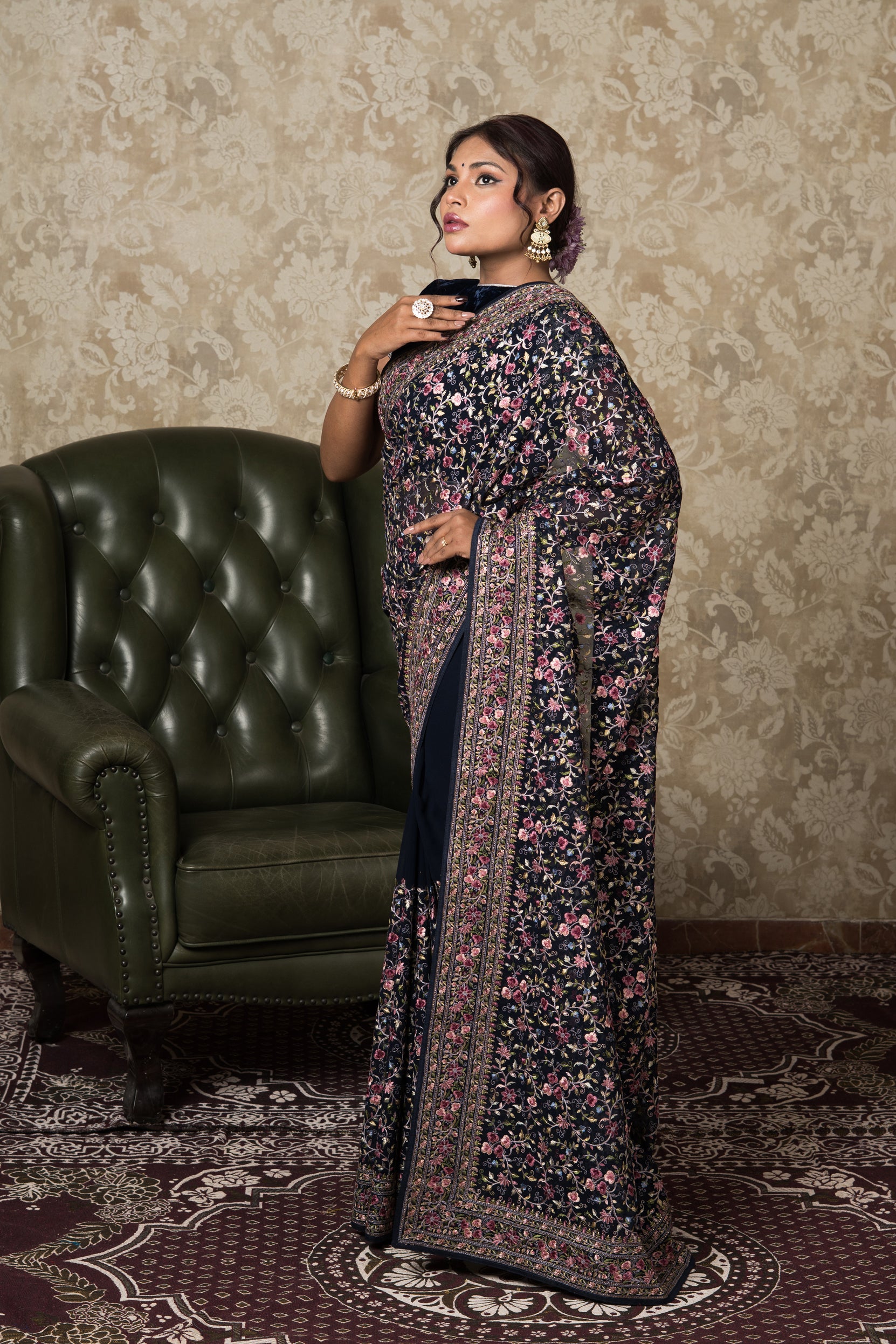 Navy Blue Georgette Pashmina Saree