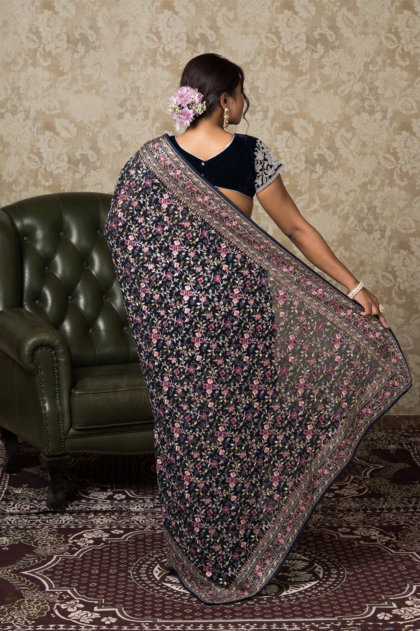 Navy Blue Georgette Pashmina Saree