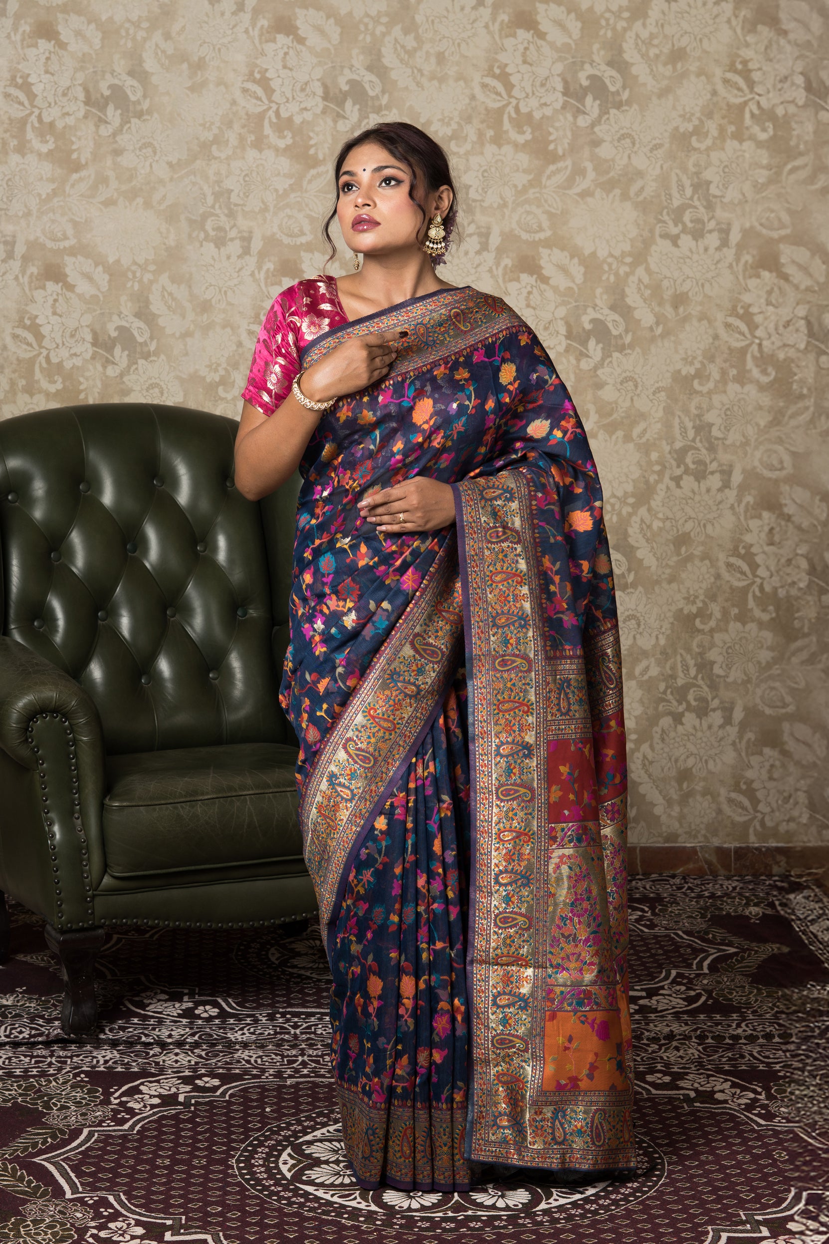 Midnight Blue Tussar Silk Pashmina Saree