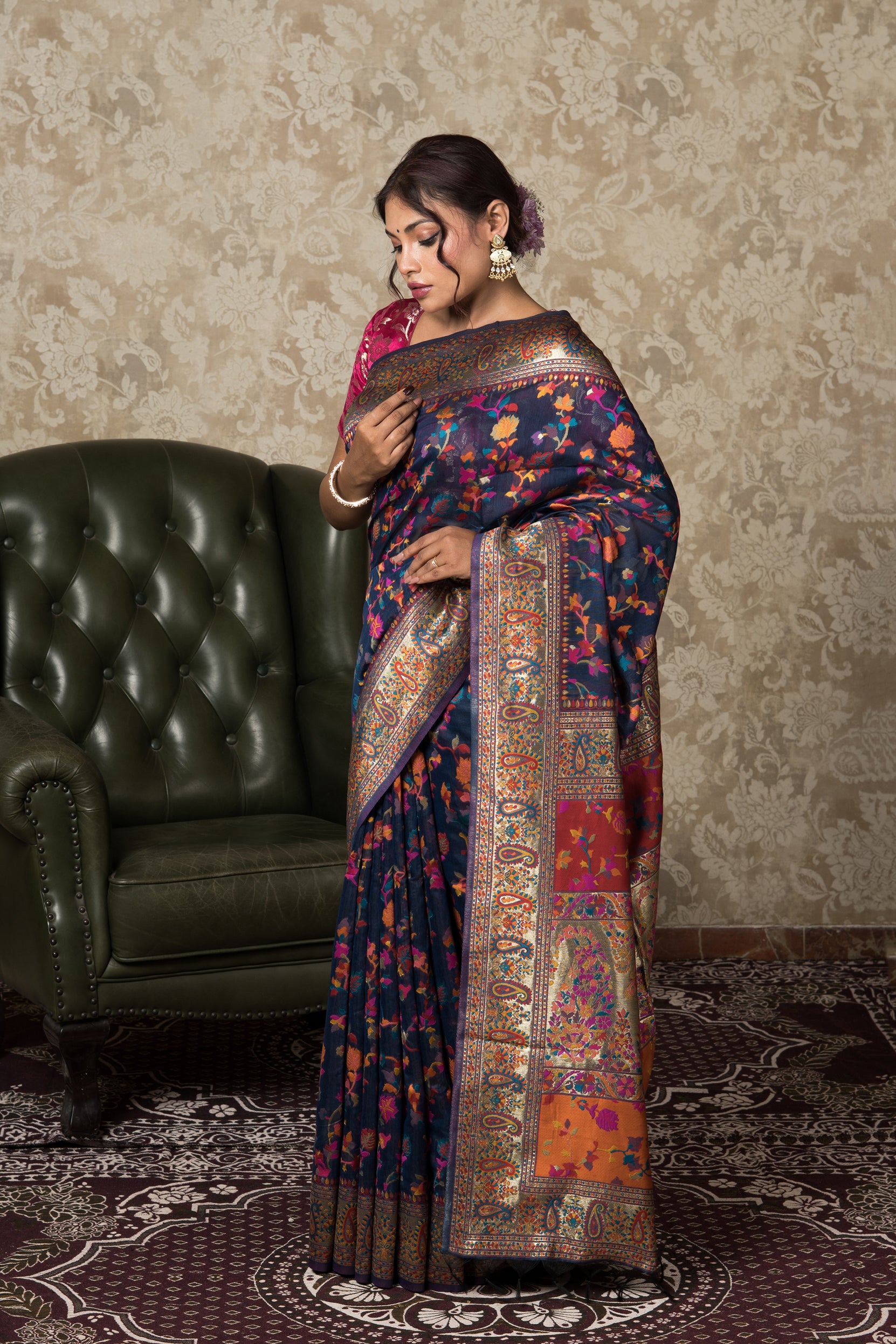Midnight Blue Tussar Silk Pashmina Saree