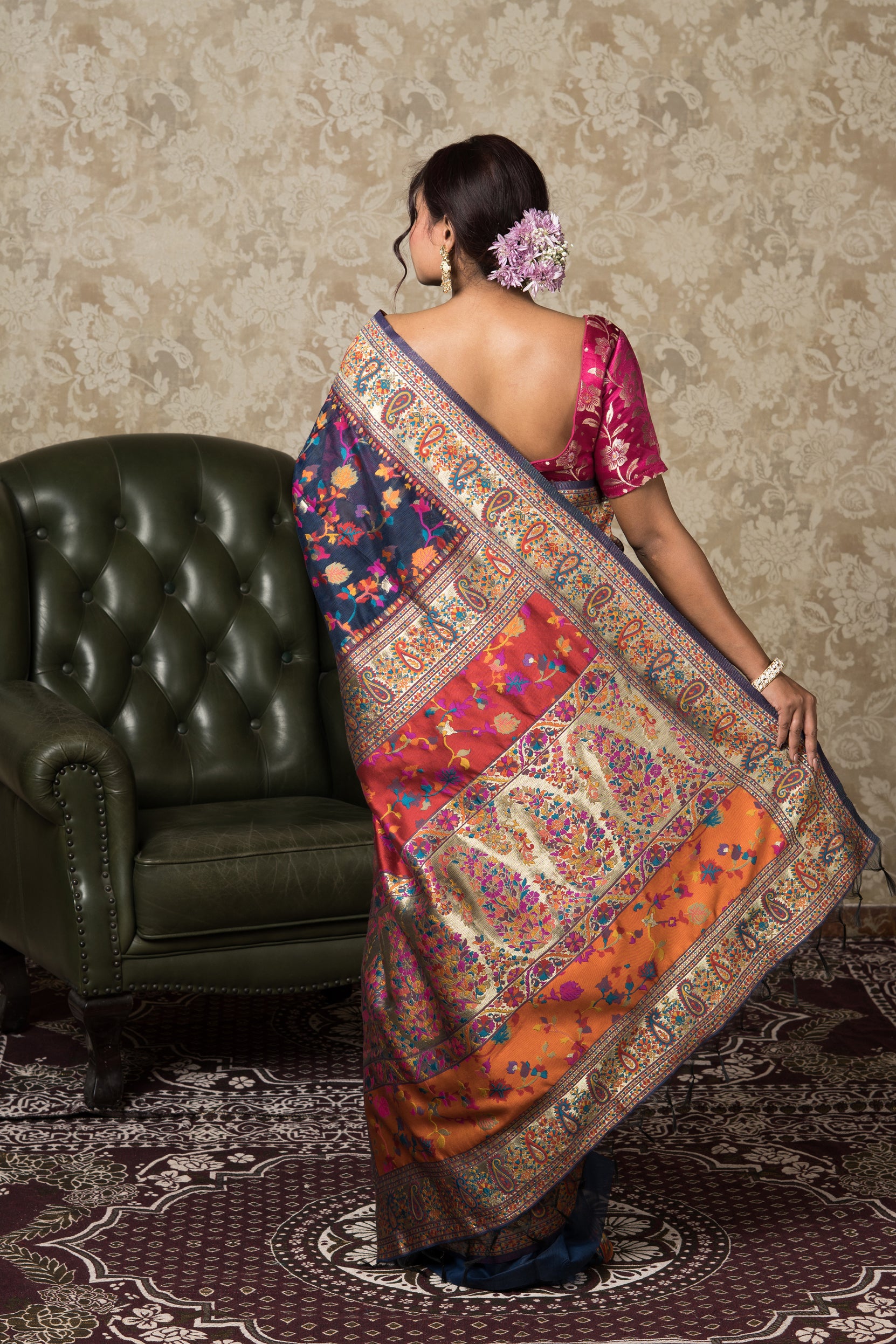 Midnight Blue Tussar Silk Pashmina Saree