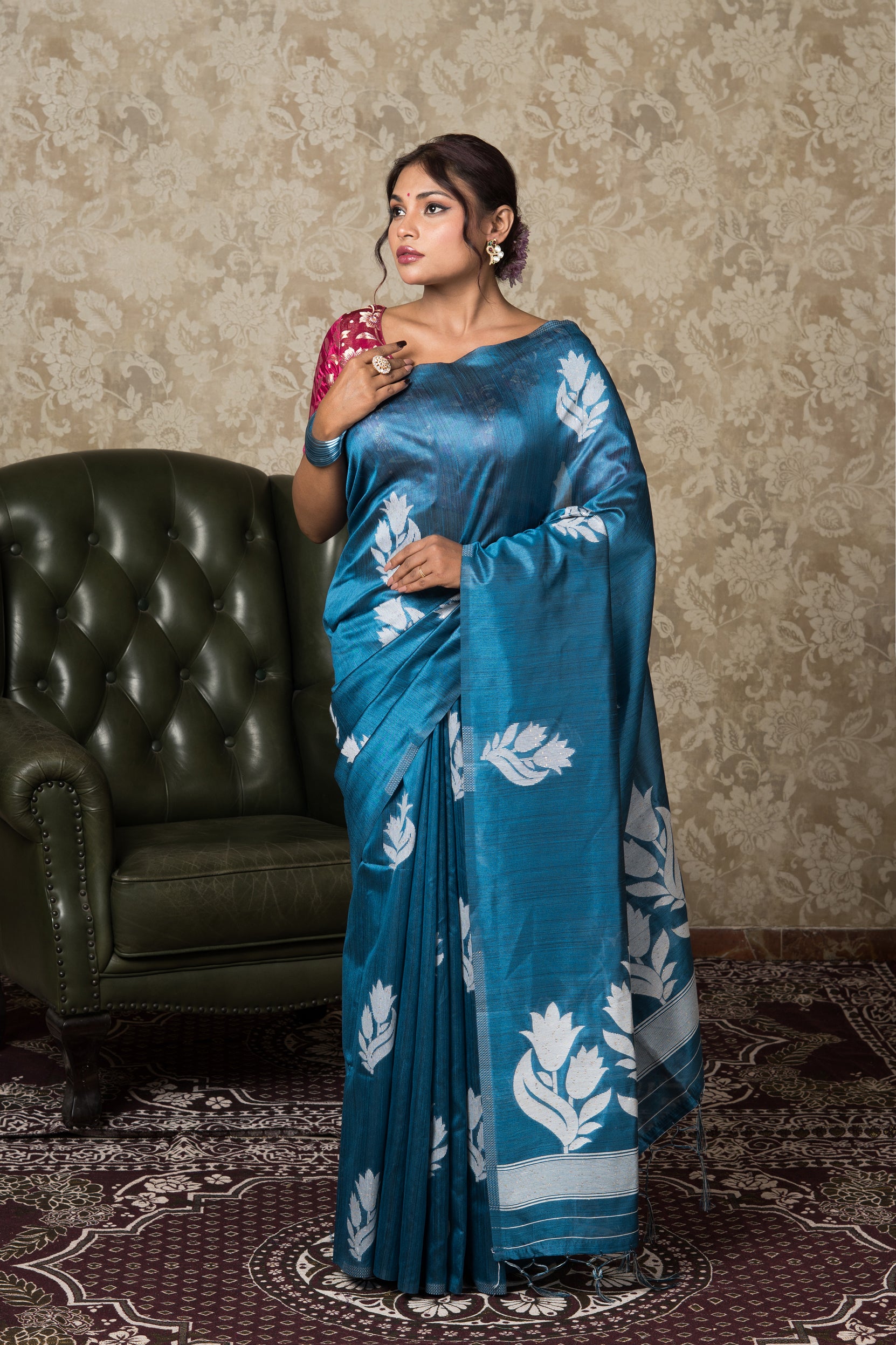 Blue Tussar Silk Saree