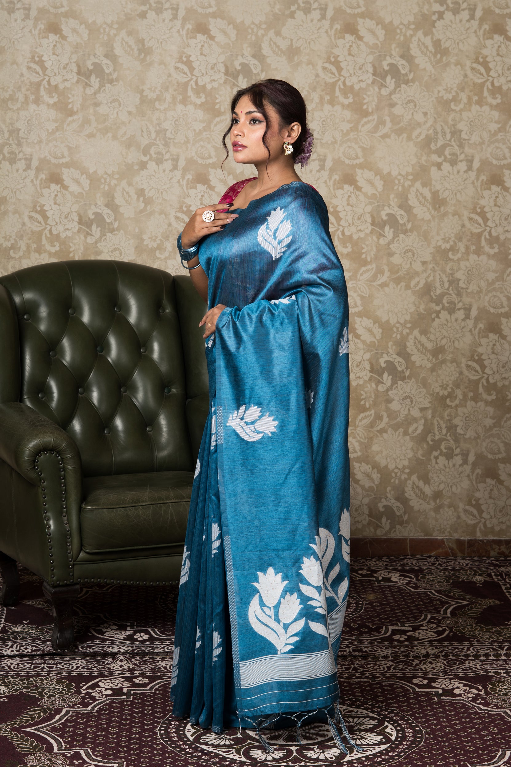 Blue Tussar Silk Saree