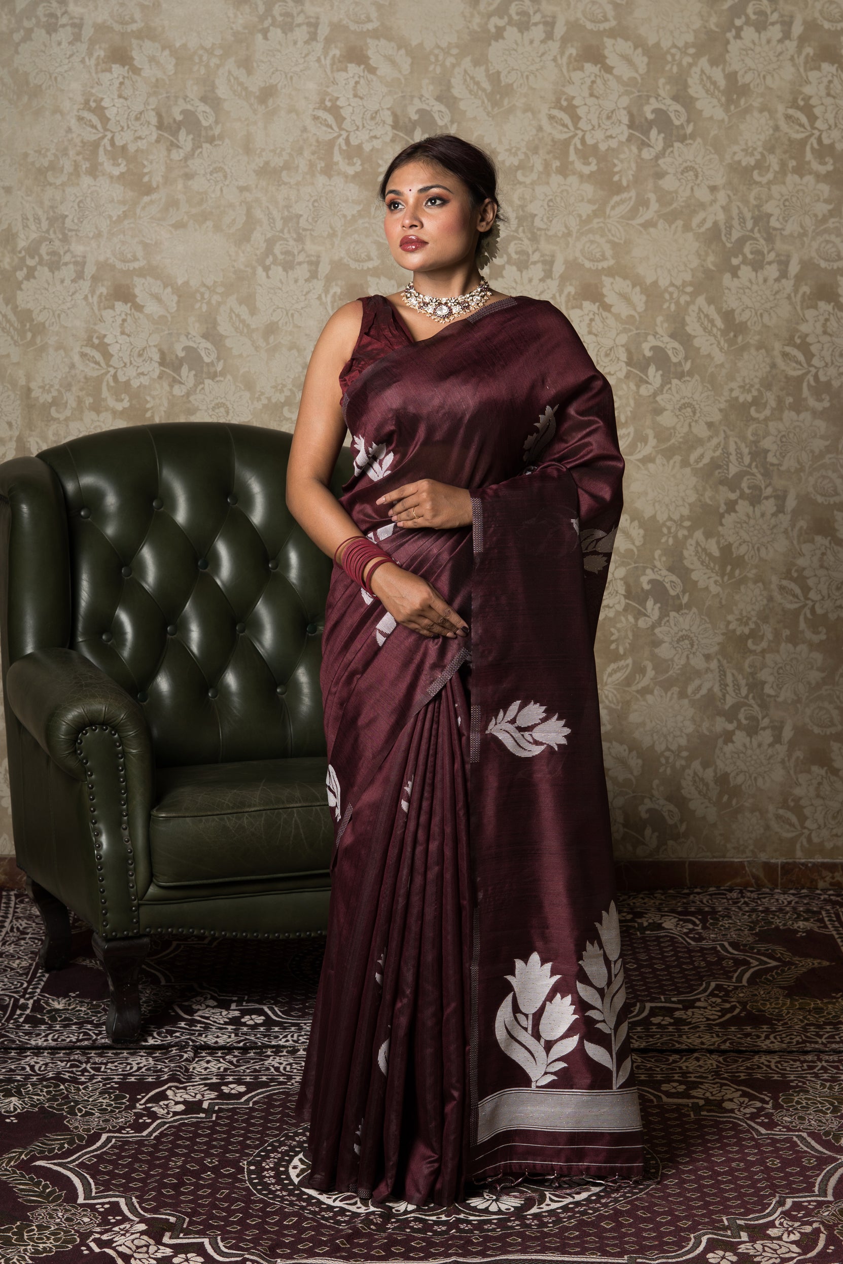 Maroon Tussar Silk Saree