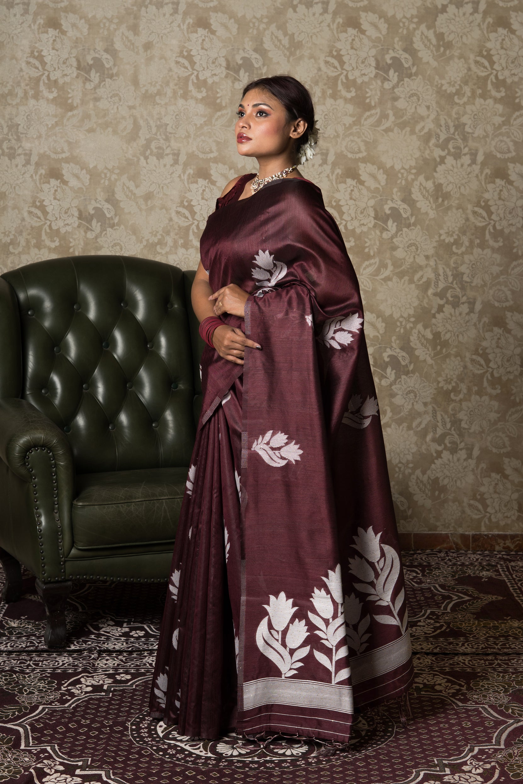 Maroon Tussar Silk Saree