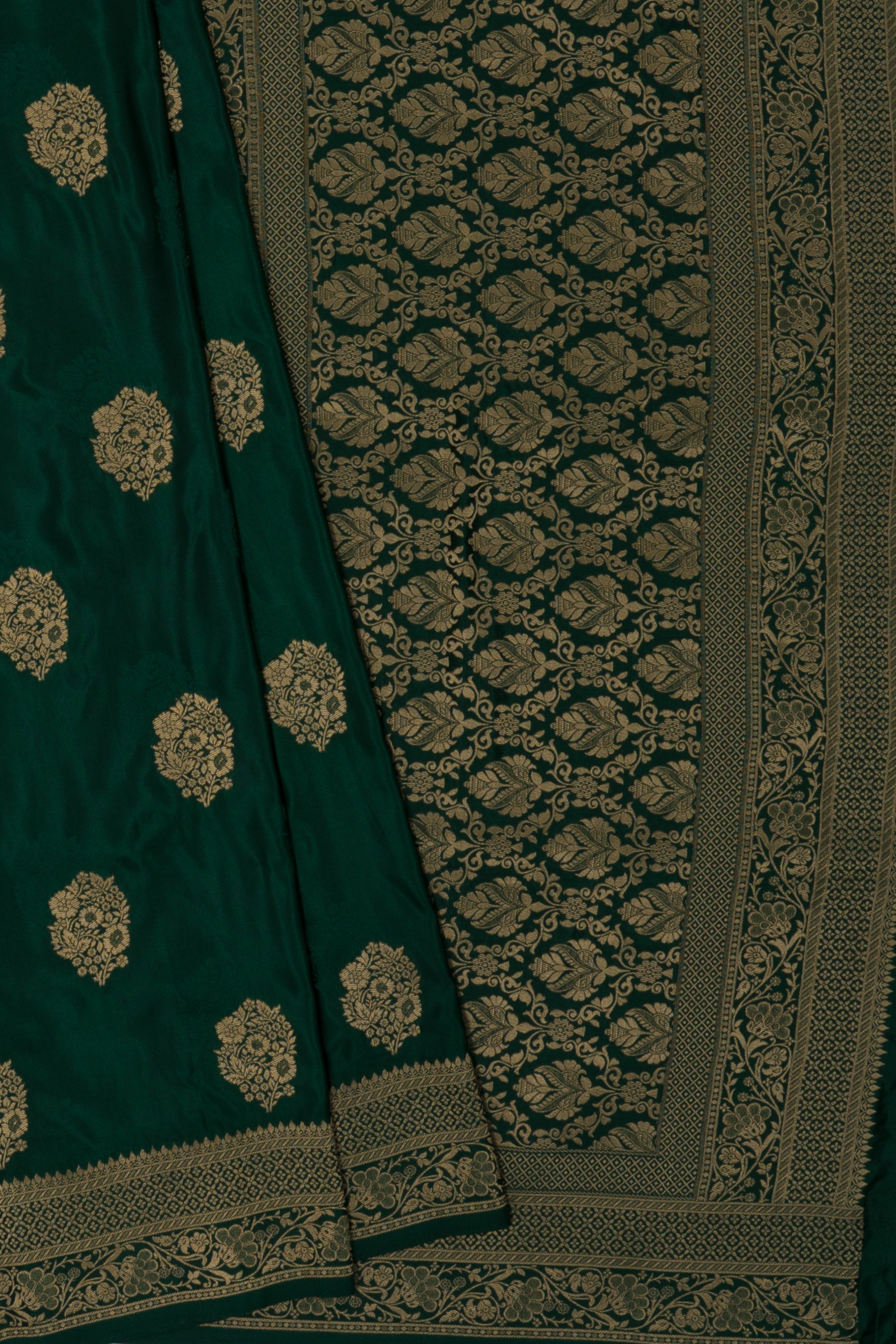Bottle Green Katan Silk Banarasi Saree with Resham and Zari Floral butti