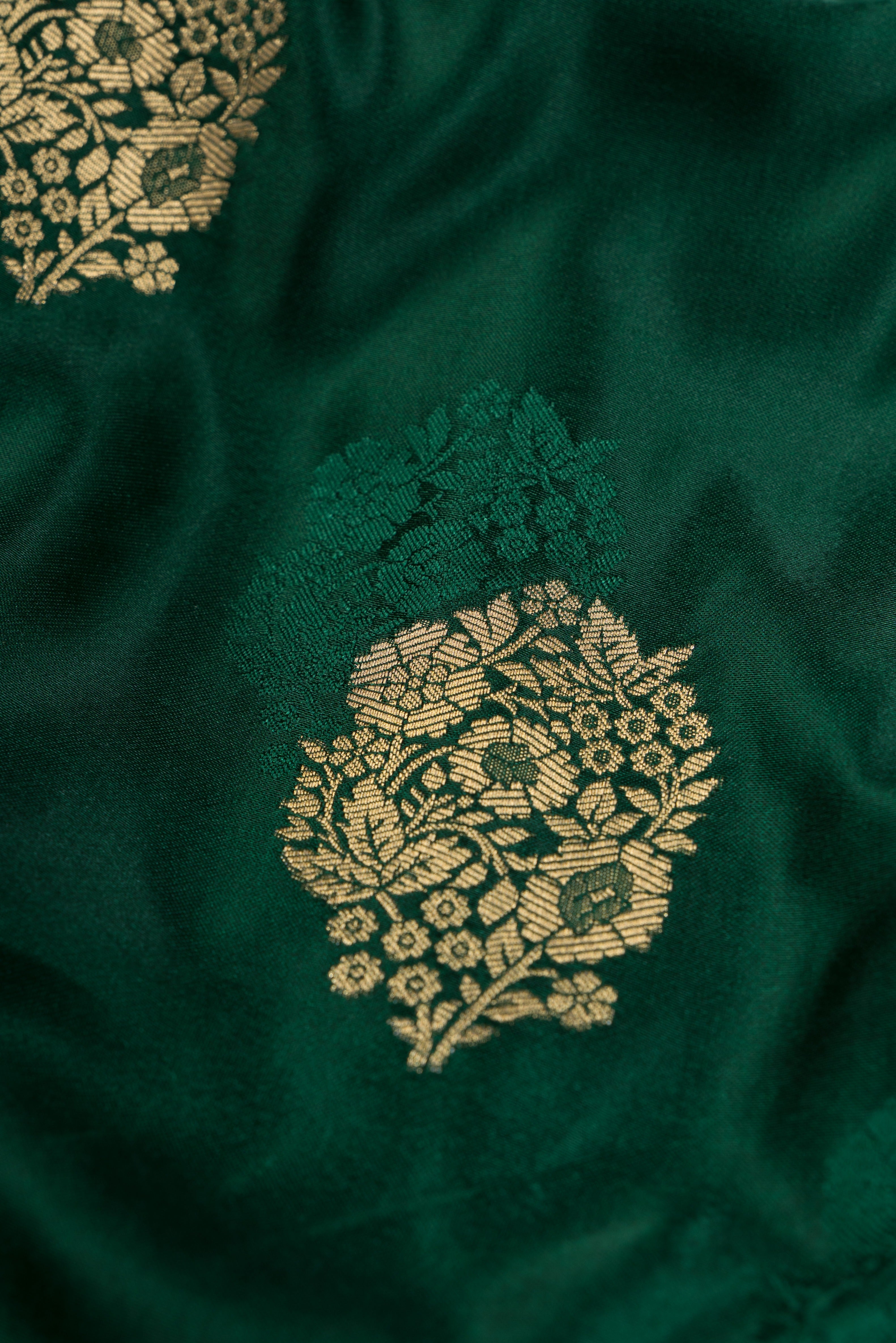 Bottle Green Katan Silk Banarasi Saree with Resham and Zari Floral butti