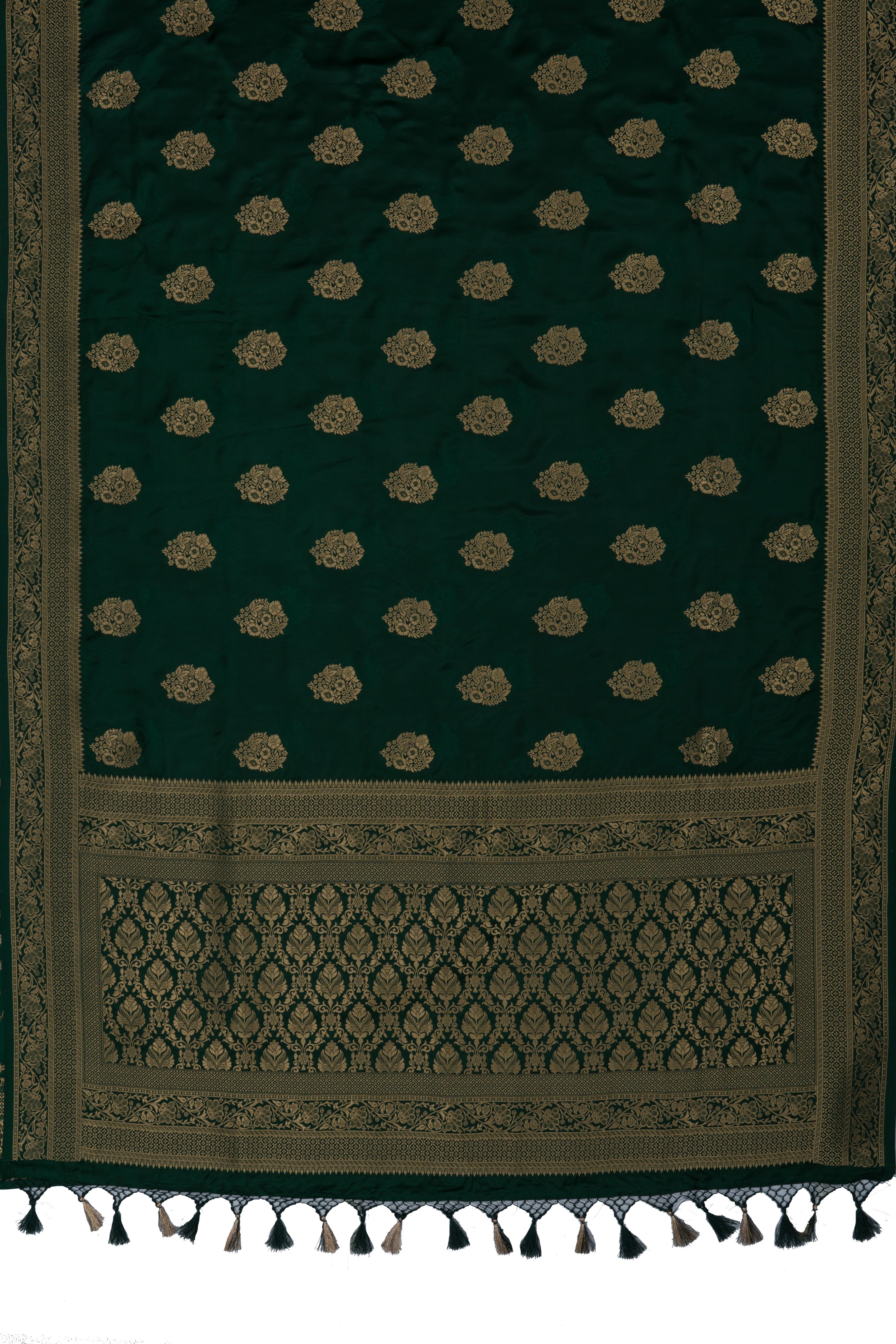 Bottle Green Katan Silk Banarasi Saree with Resham and Zari Floral butti