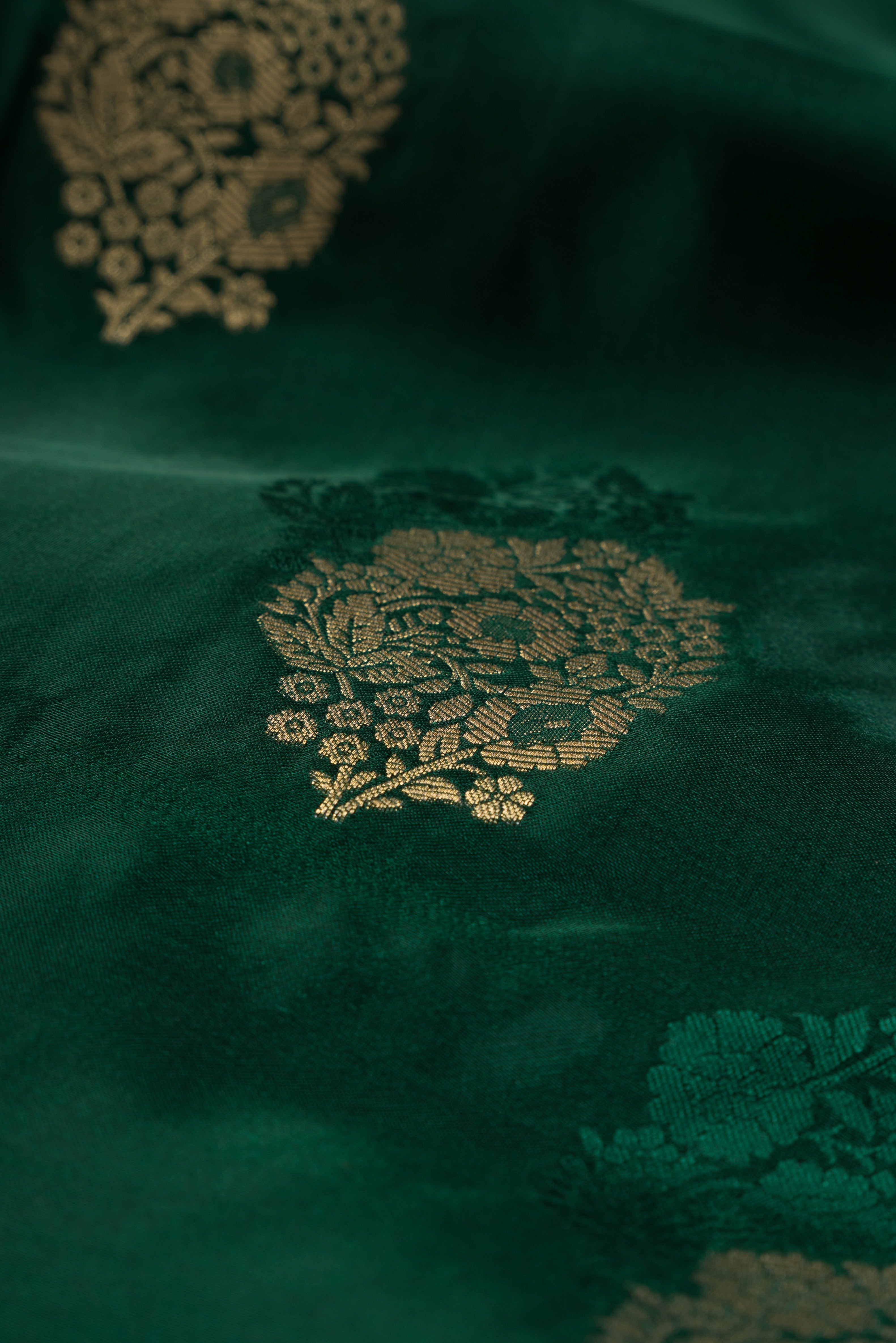 Bottle Green Katan Silk Banarasi Saree with Resham and Zari Floral butti