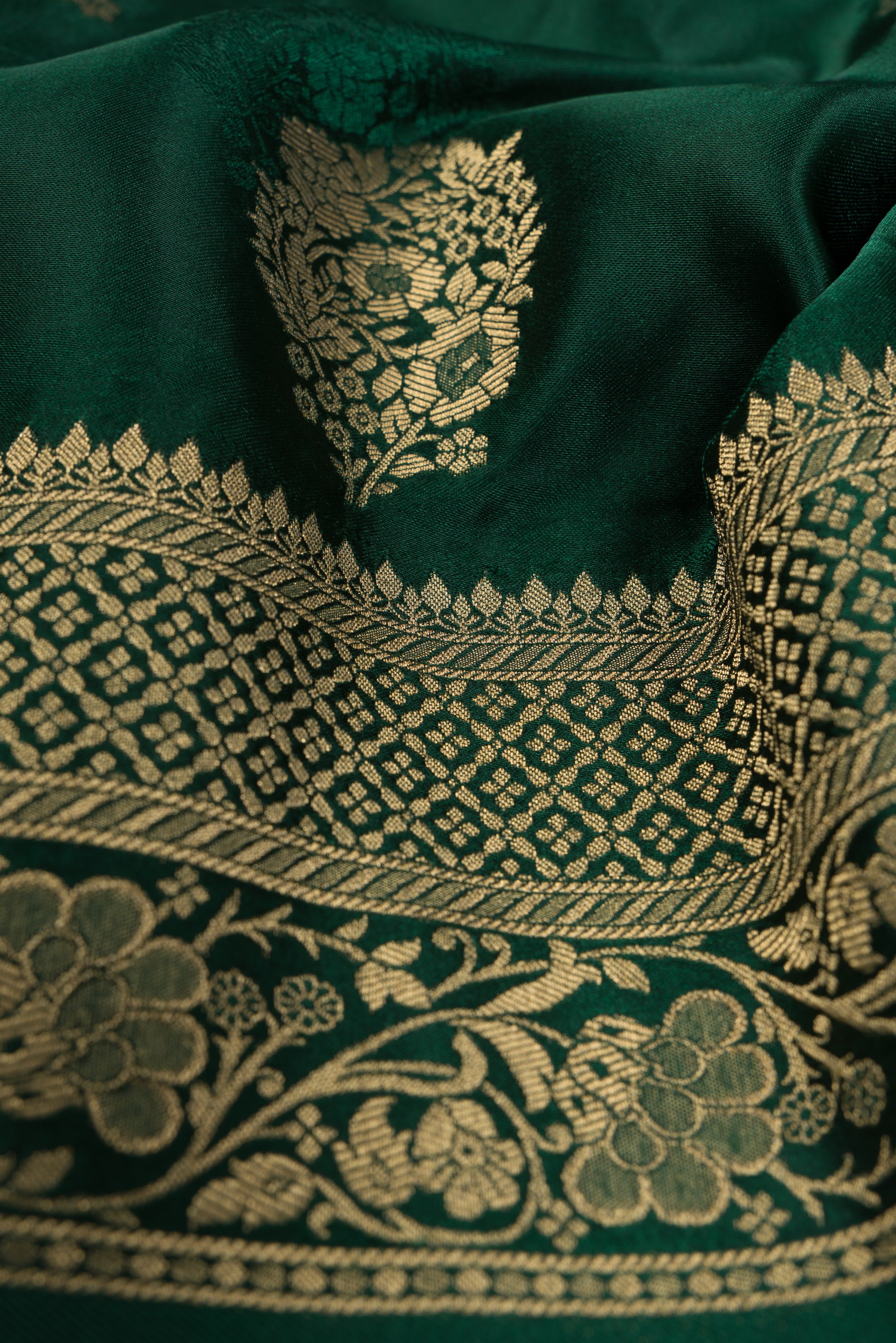 Bottle Green Katan Silk Banarasi Saree with Resham and Zari Floral butti