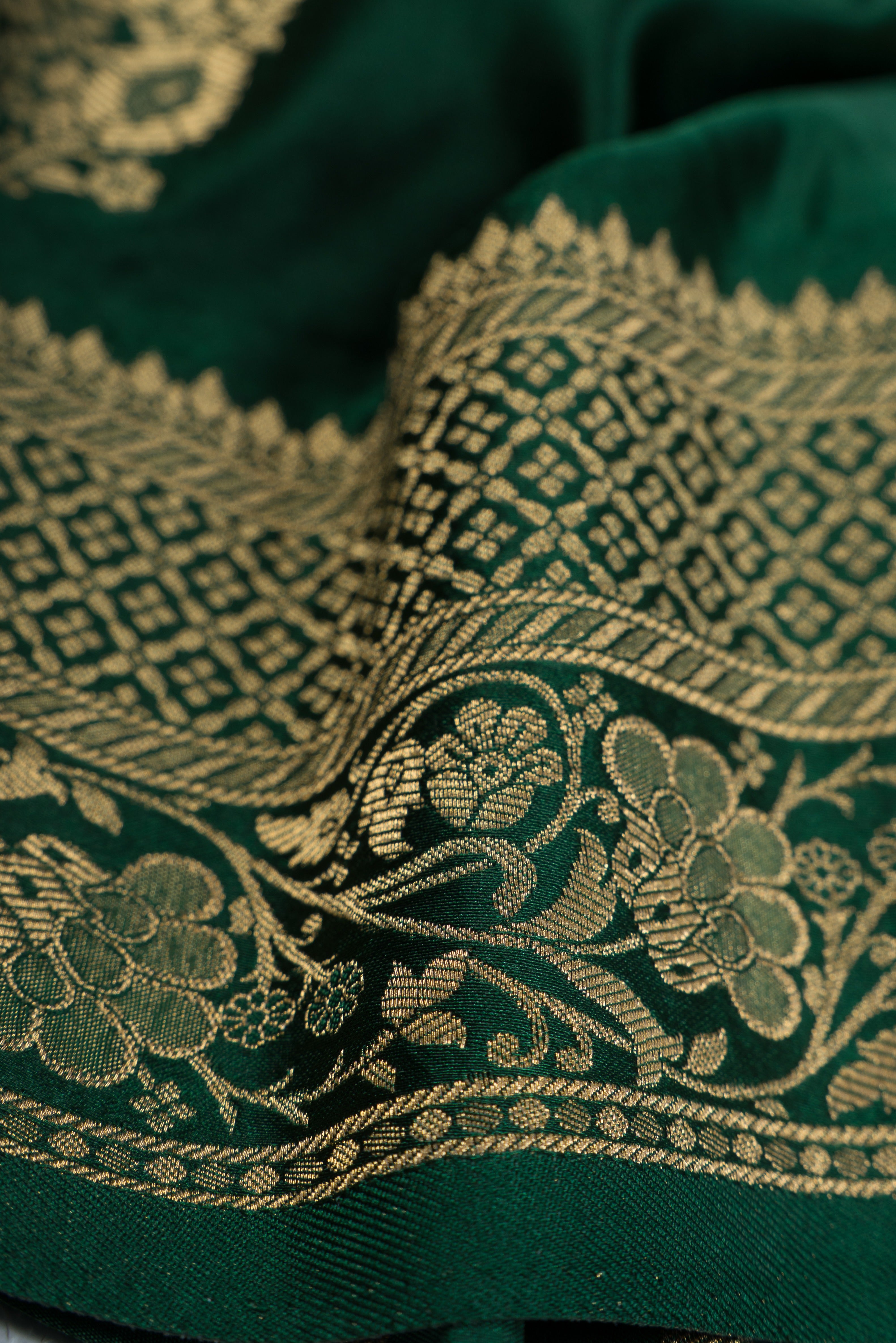Bottle Green Katan Silk Banarasi Saree with Resham and Zari Floral butti